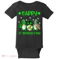 Three Gnomes Holding Shamrock Leopard Plaid St Patrick's Day Baby Bodysuit thumb 0