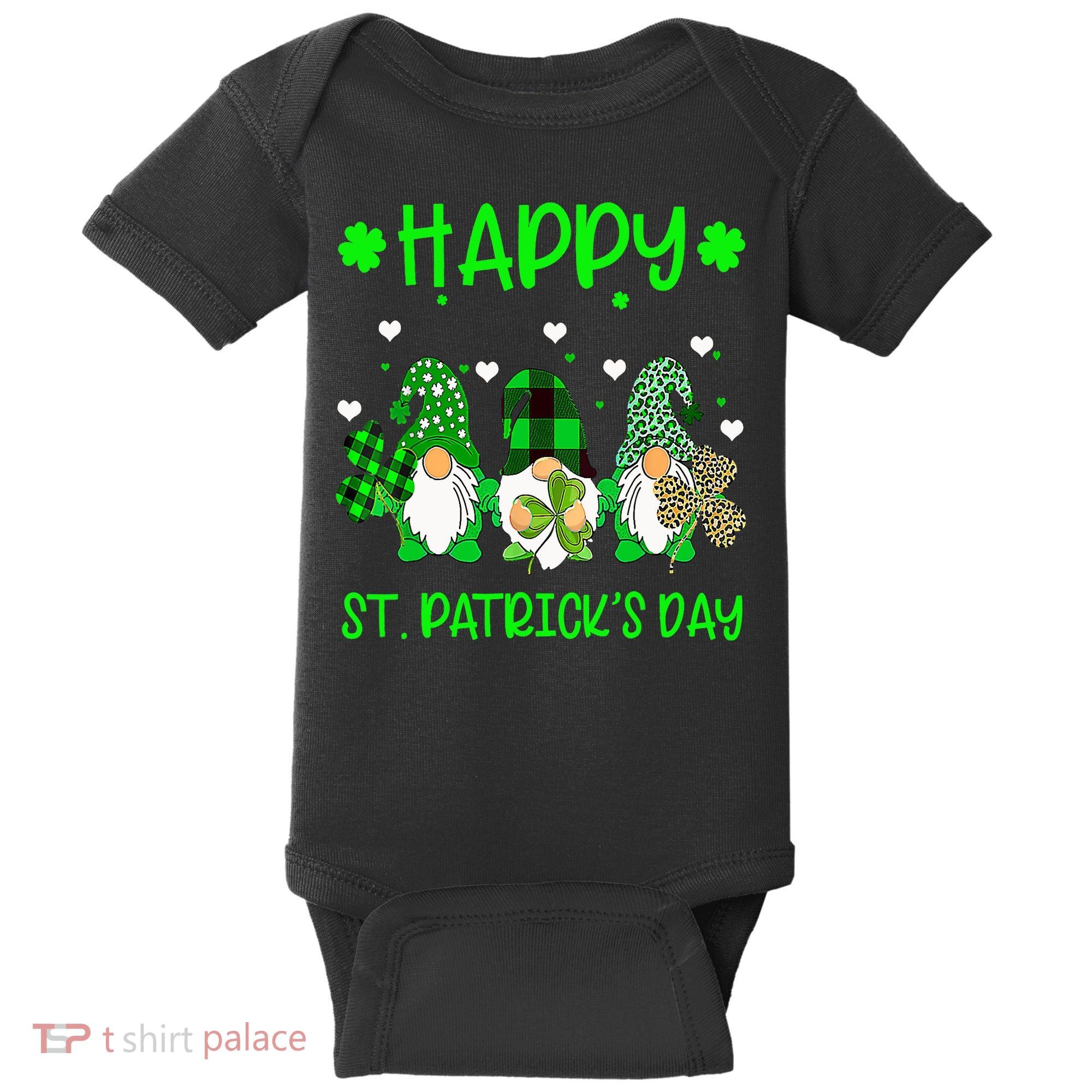 Three Gnomes Holding Shamrock Leopard Plaid St Patrick's Day Baby Bodysuit
