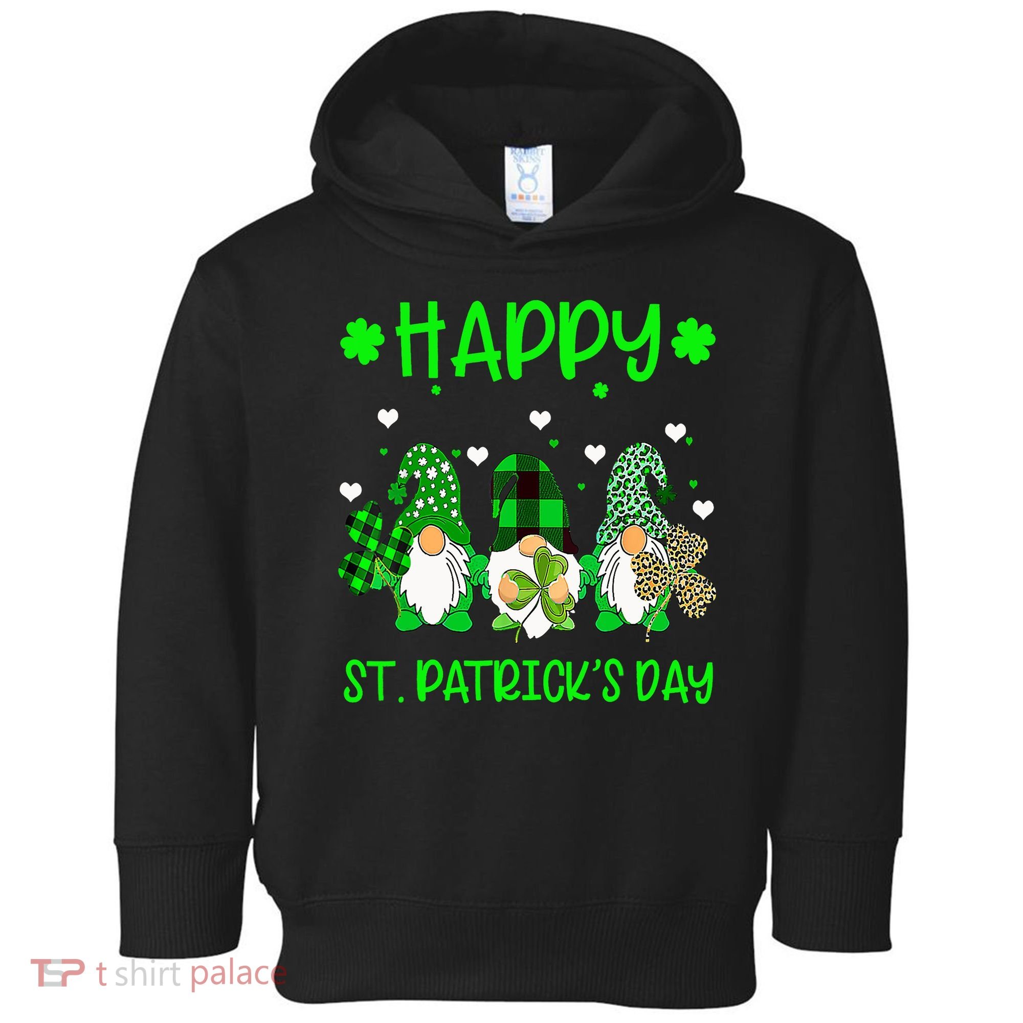 Three Gnomes Holding Shamrock Leopard Plaid St Patrick's Day Toddler Hoodie