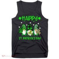 Three Gnomes Holding Shamrock Leopard Plaid St Patrick's Day Tank Top thumb 0