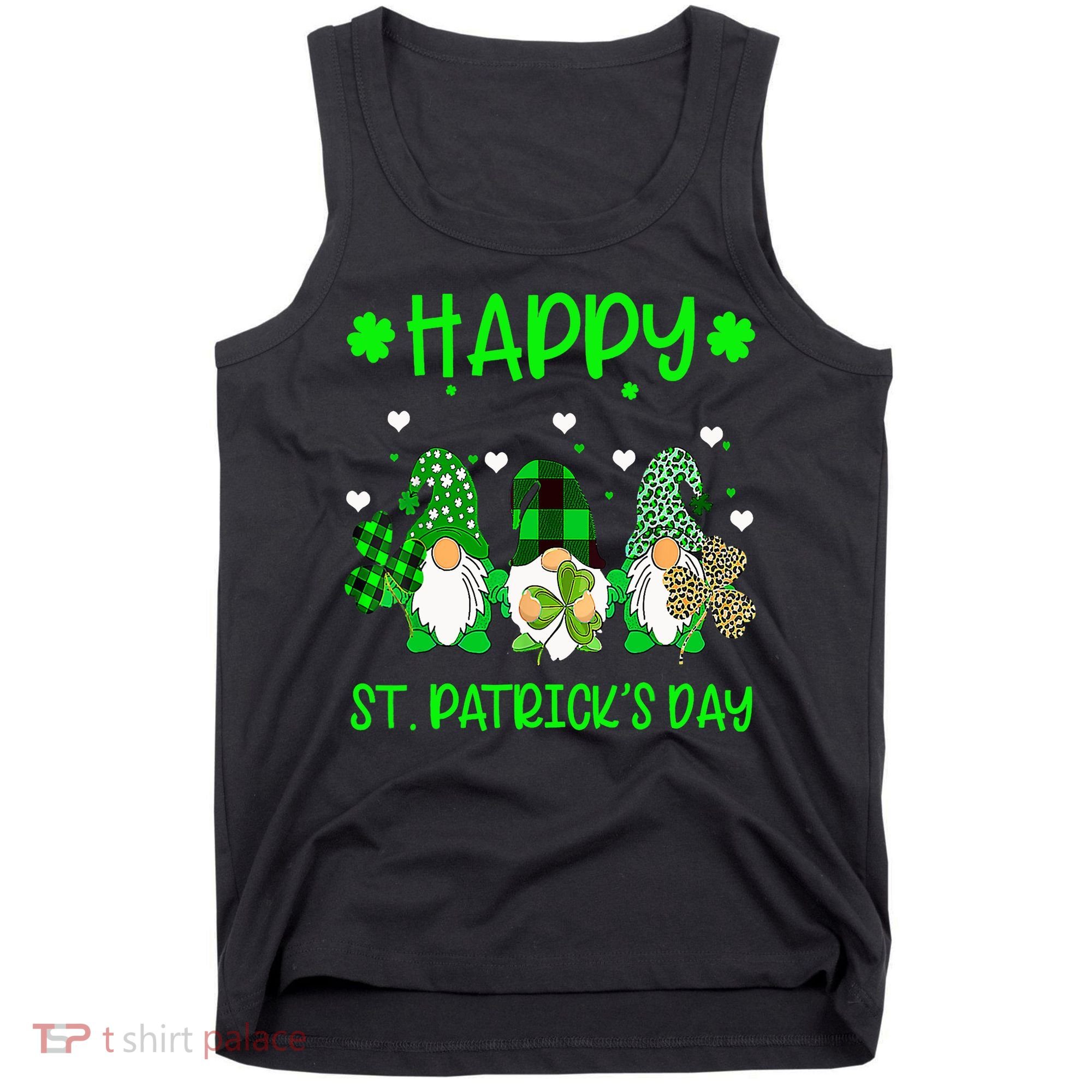 Three Gnomes Holding Shamrock Leopard Plaid St Patrick's Day Tank Top