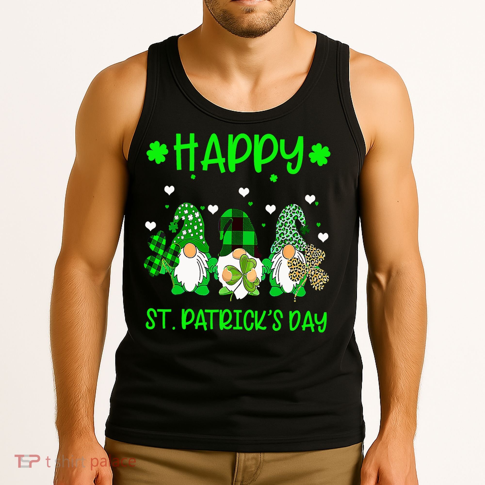Three Gnomes Holding Shamrock Leopard Plaid St Patrick's Day Tank Top