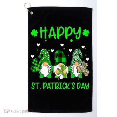 Three Gnomes Holding Shamrock Leopard Plaid St Patrick's Day Golf Towel
