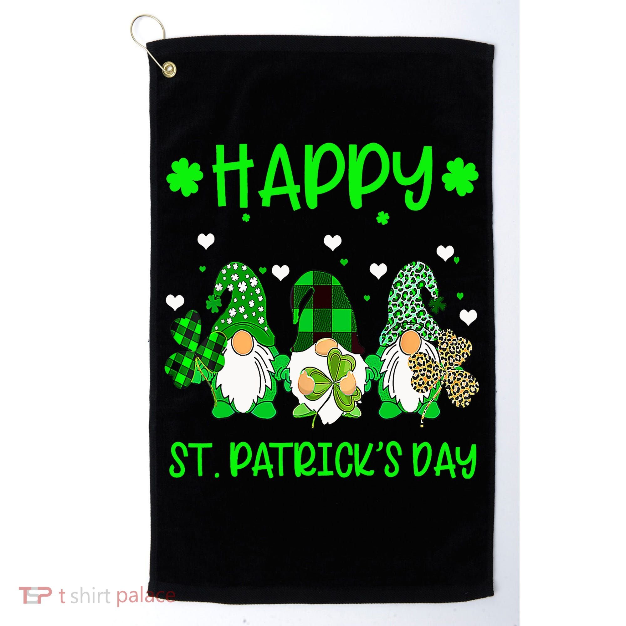 Three Gnomes Holding Shamrock Leopard Plaid St Patrick's Day Golf Towel