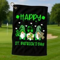 Three Gnomes Holding Shamrock Leopard Plaid St Patrick's Day Golf Towel thumb 1