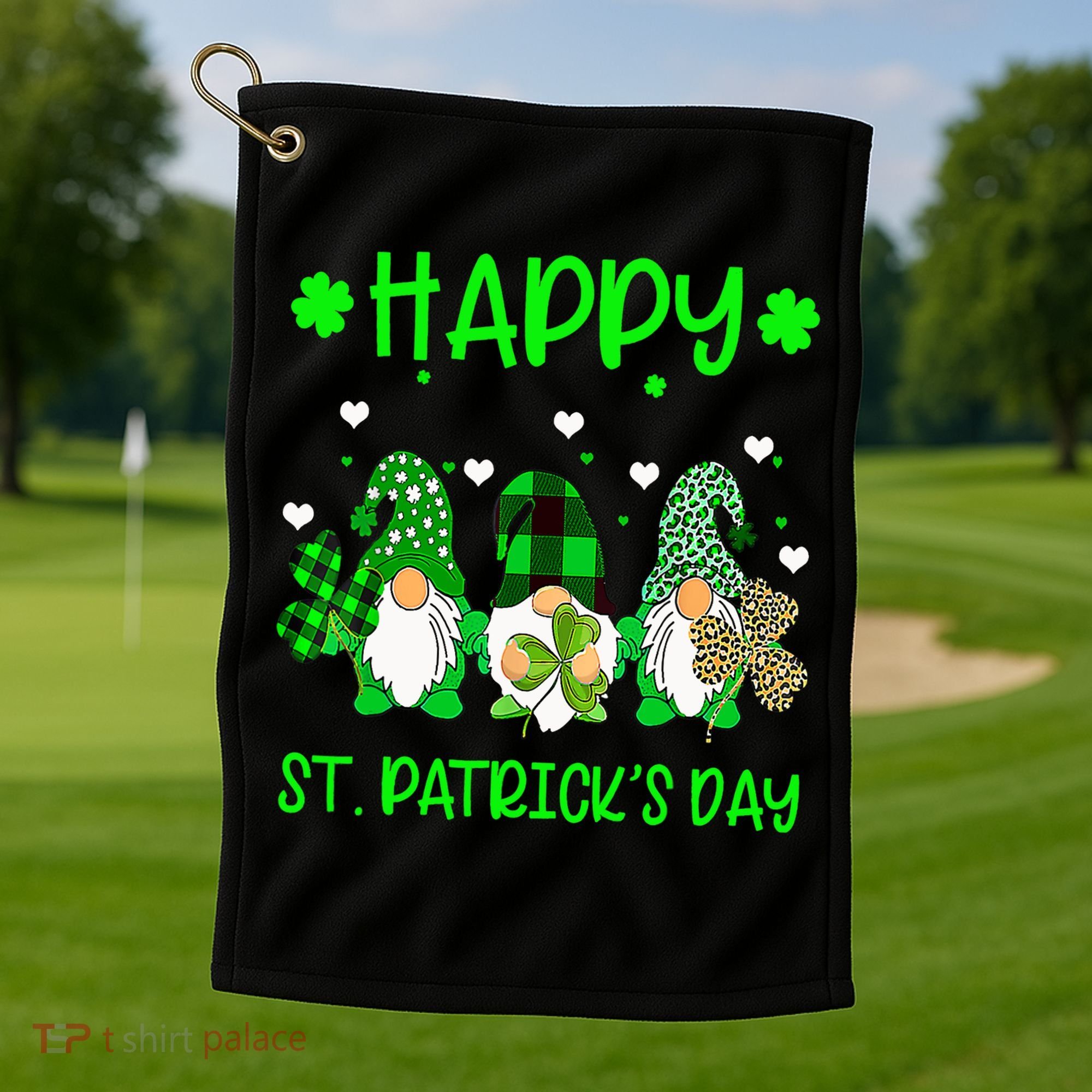 Three Gnomes Holding Shamrock Leopard Plaid St Patrick's Day Golf Towel