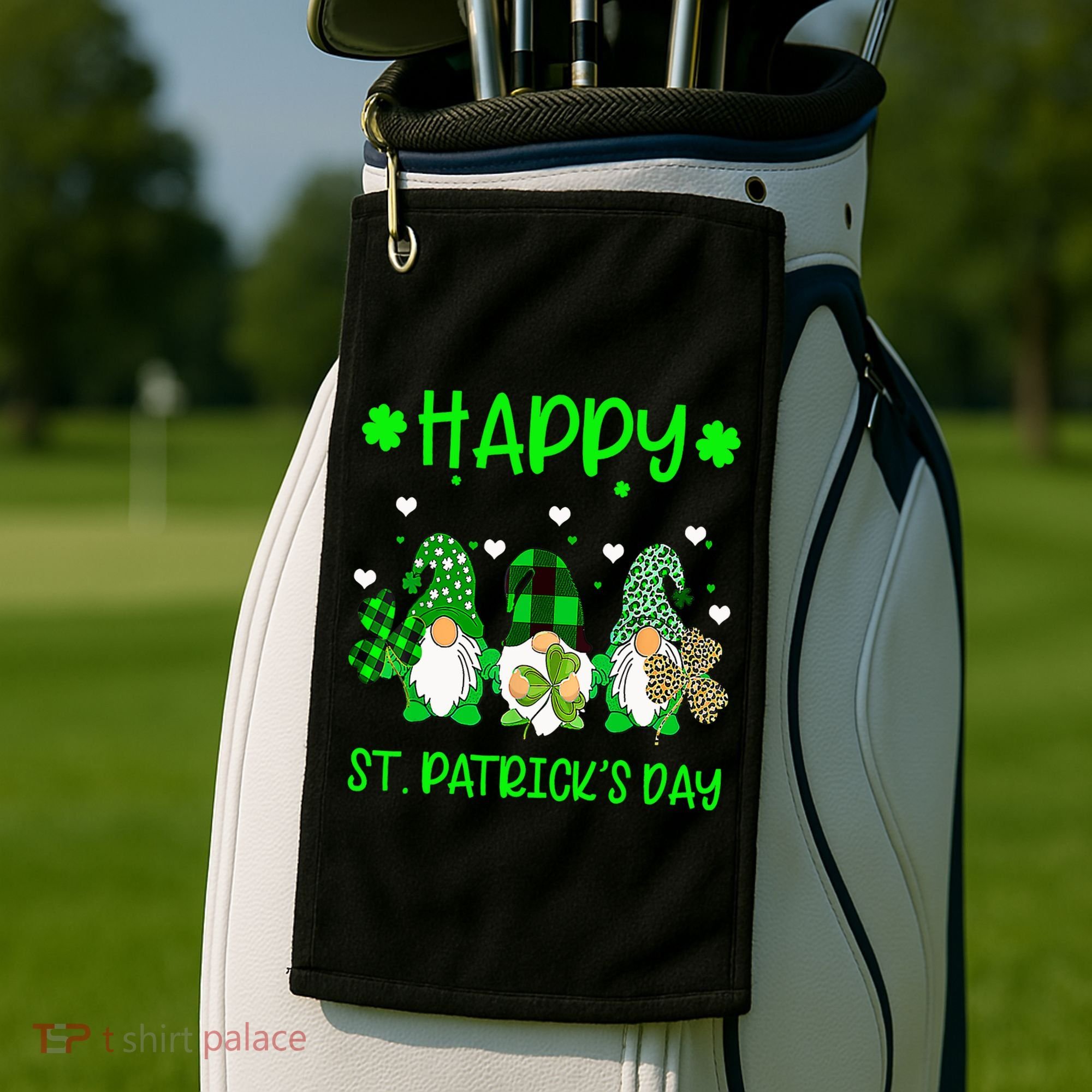 Three Gnomes Holding Shamrock Leopard Plaid St Patrick's Day Golf Towel