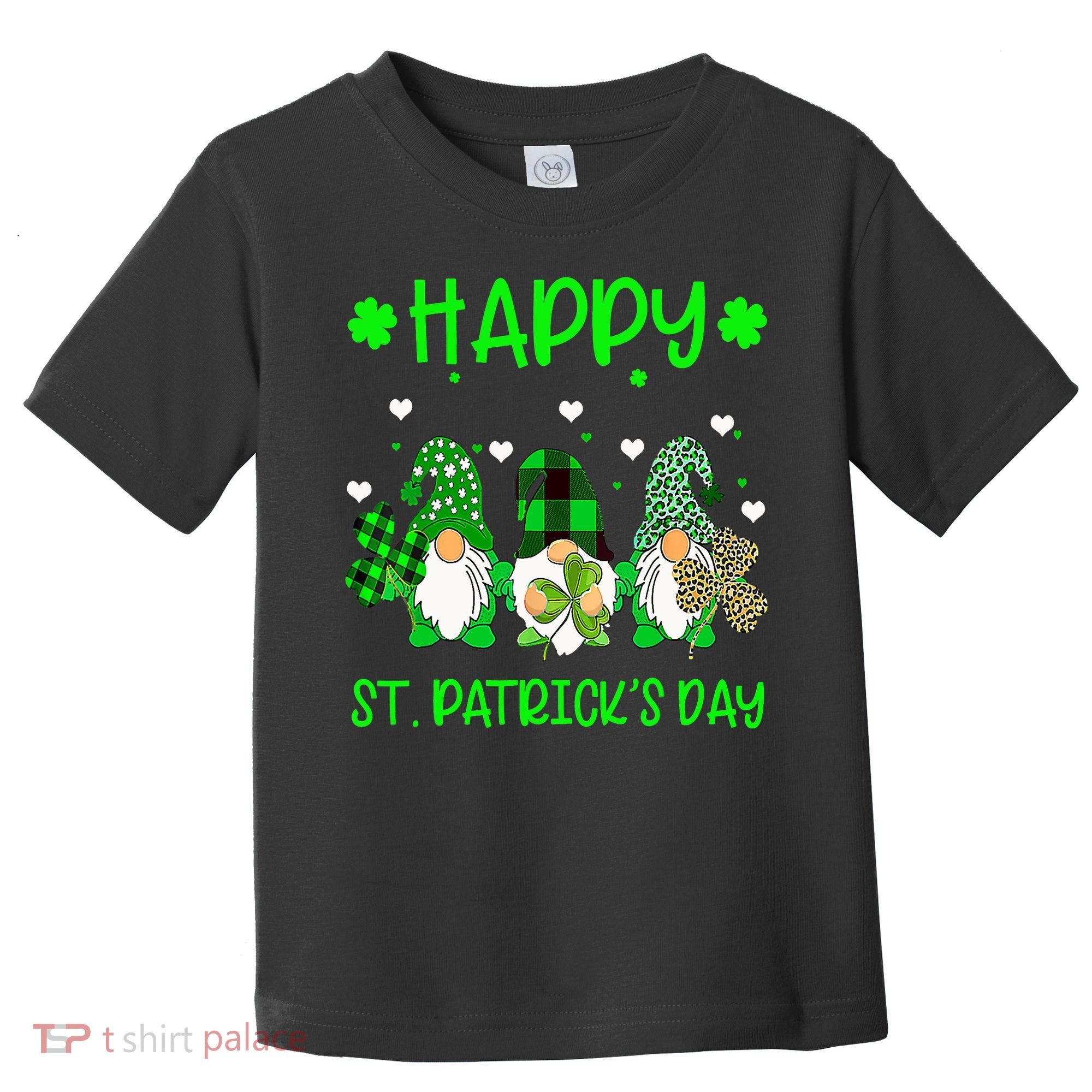 Three Gnomes Holding Shamrock Leopard Plaid St Patrick's Day Toddler T-Shirt