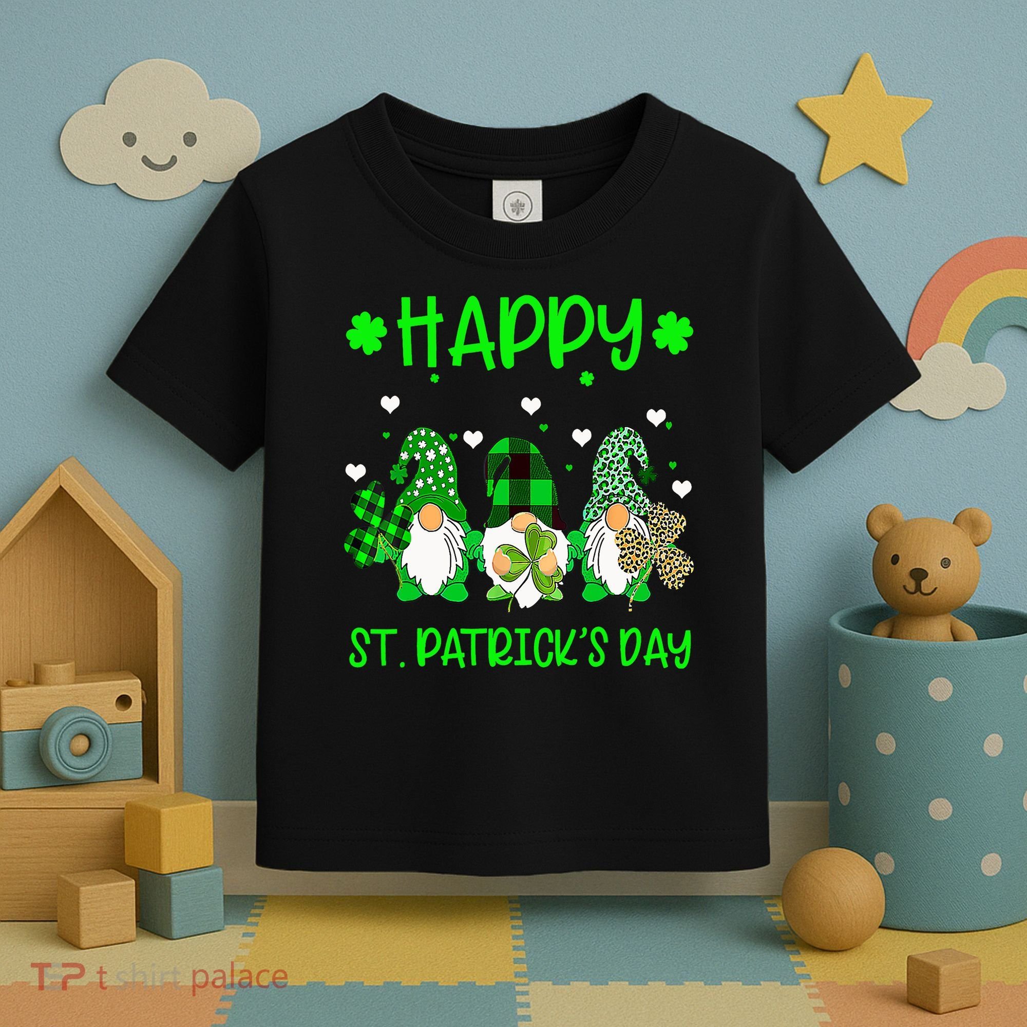 Three Gnomes Holding Shamrock Leopard Plaid St Patrick's Day Toddler T-Shirt