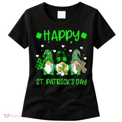 Three Gnomes Holding Shamrock Leopard Plaid St Patrick's Day Women's T-Shirt