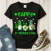 Three Gnomes Holding Shamrock Leopard Plaid St Patrick's Day Women's T-Shirt thumb 3
