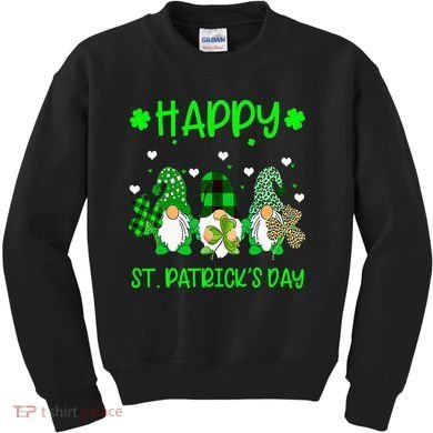 Three Gnomes Holding Shamrock Leopard Plaid St Patrick's Day Kids Sweatshirt