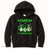 Three Gnomes Holding Shamrock Leopard Plaid St Patrick's Day Kids Hoodie thumb 0