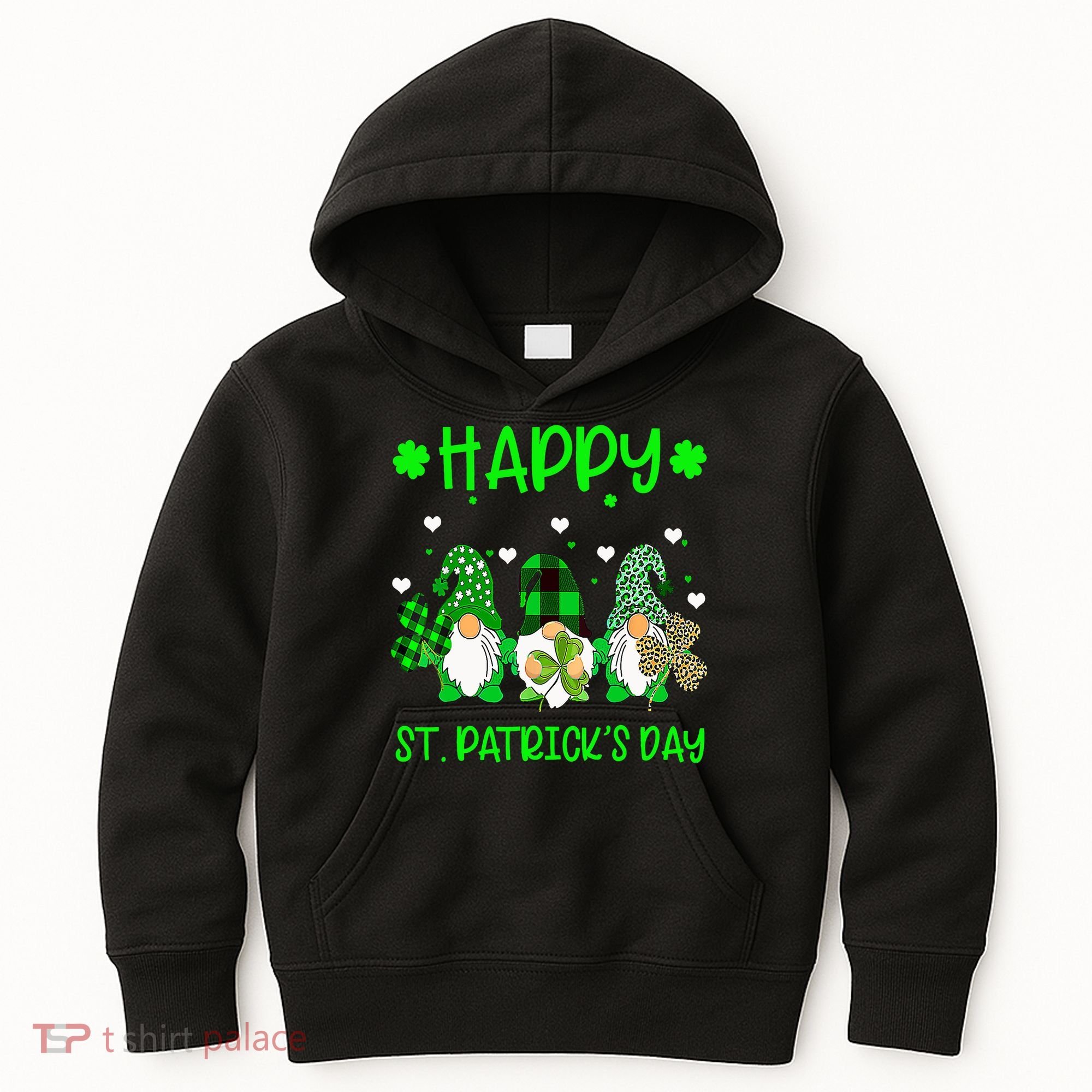 Three Gnomes Holding Shamrock Leopard Plaid St Patrick's Day Kids Hoodie
