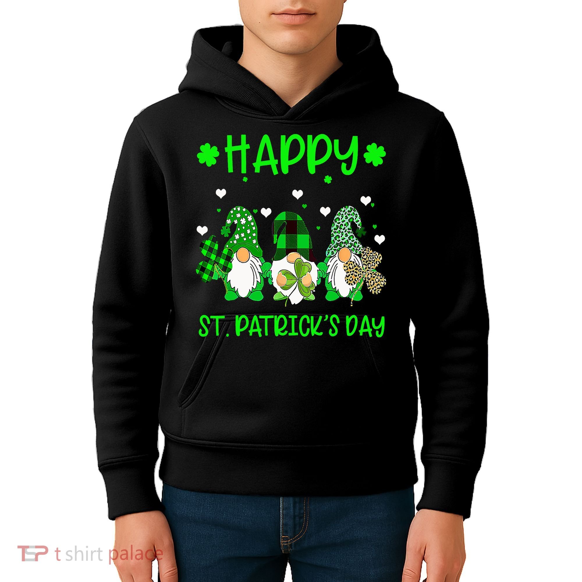 Three Gnomes Holding Shamrock Leopard Plaid St Patrick's Day Kids Hoodie