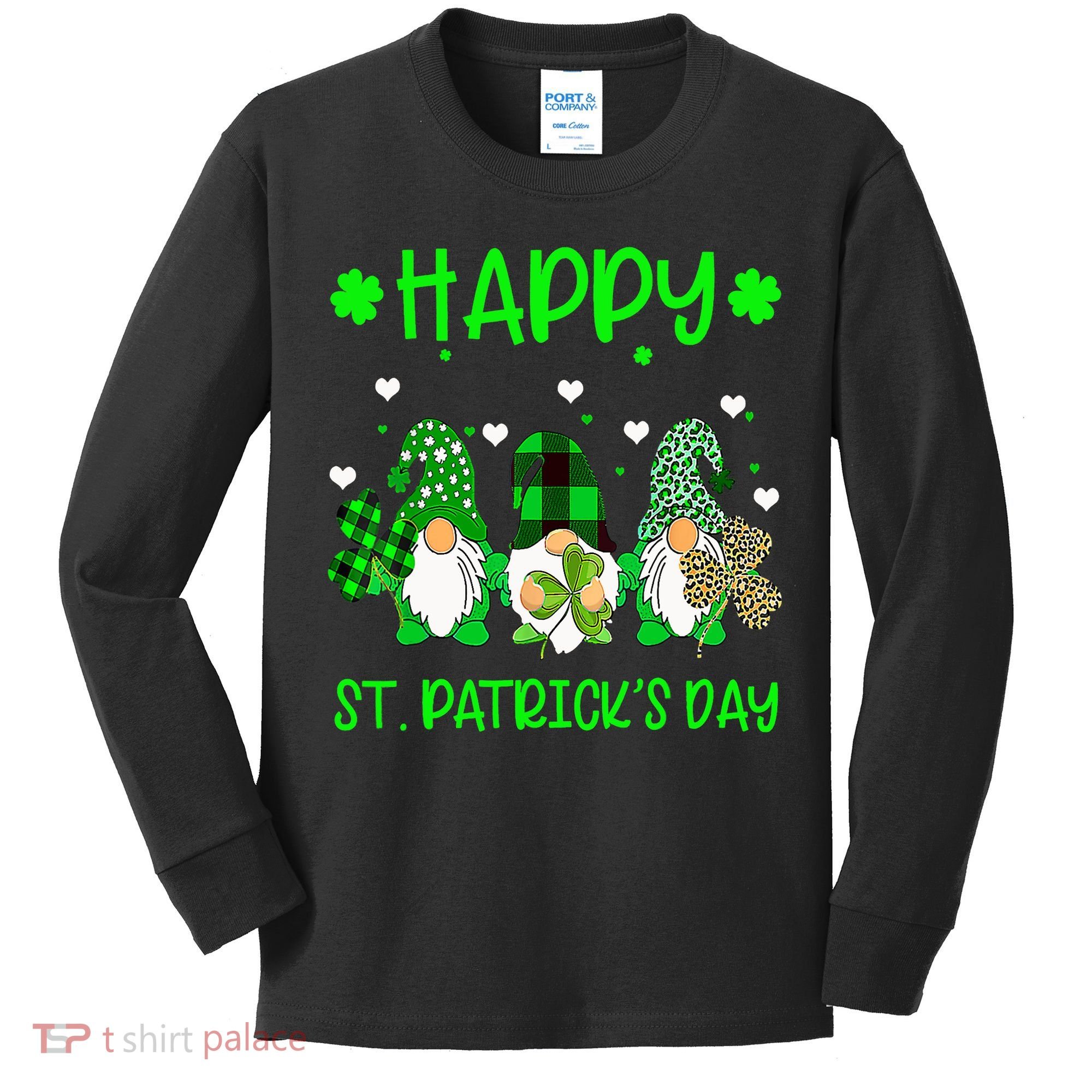 Three Gnomes Holding Shamrock Leopard Plaid St Patrick's Day Kids Long Sleeve Shirt
