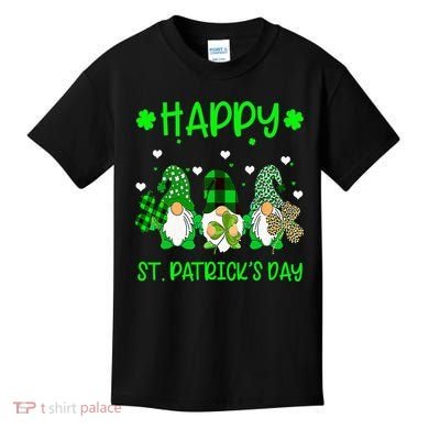 Three Gnomes Holding Shamrock Leopard Plaid St Patrick's Day Kids T-Shirt