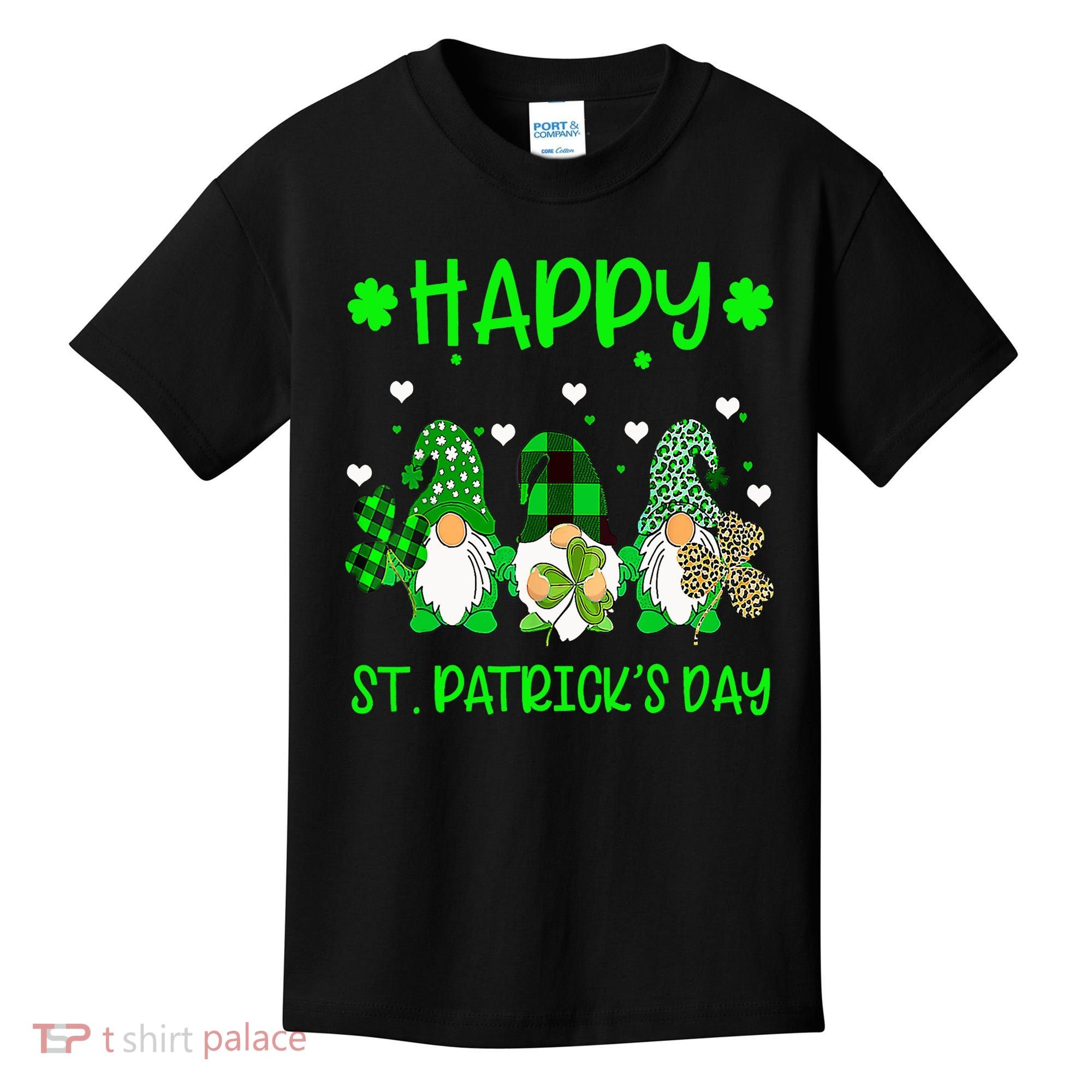 Three Gnomes Holding Shamrock Leopard Plaid St Patrick's Day Kids T-Shirt