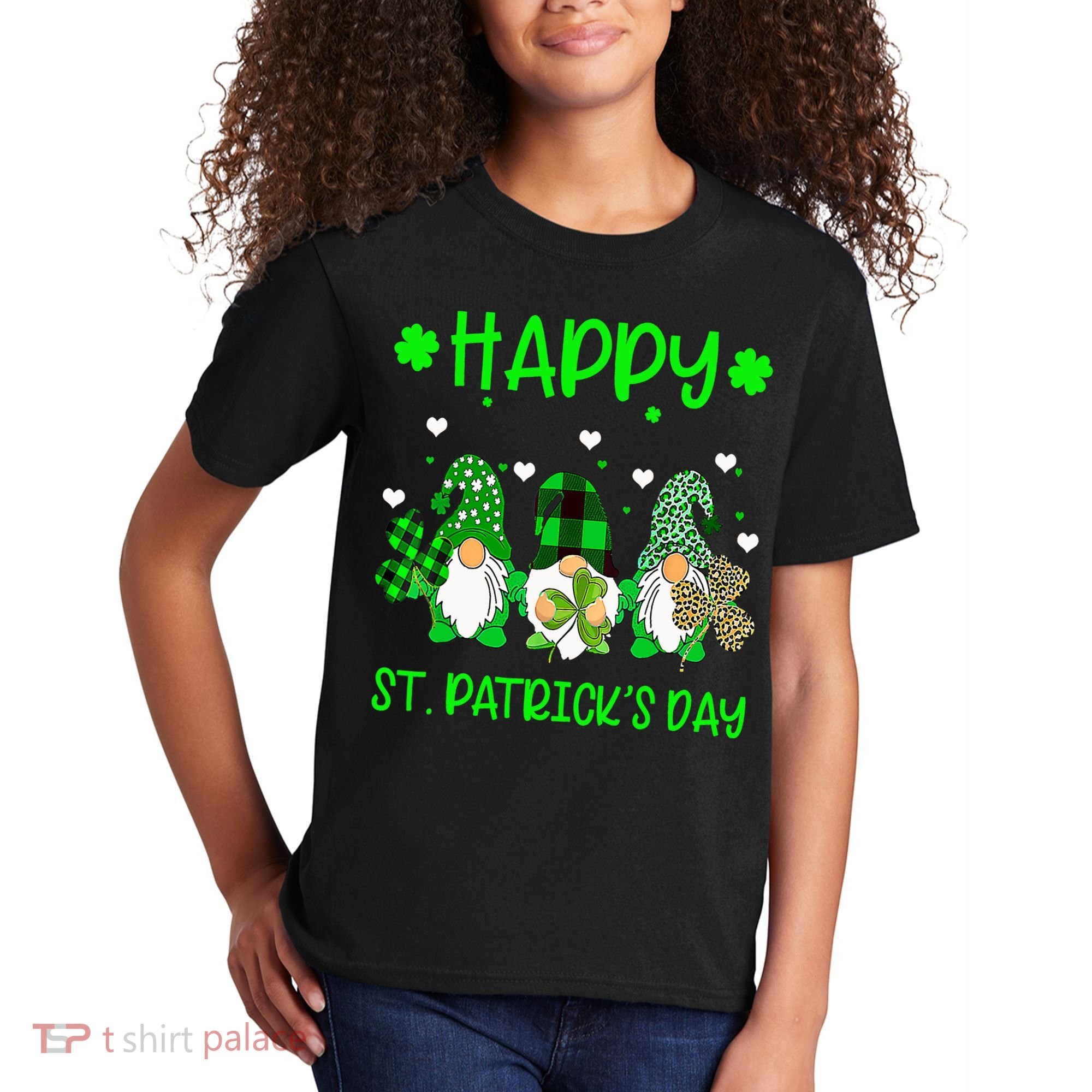 Three Gnomes Holding Shamrock Leopard Plaid St Patrick's Day Kids T-Shirt
