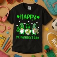 Three Gnomes Holding Shamrock Leopard Plaid St Patrick's Day Kids T-Shirt thumb 3