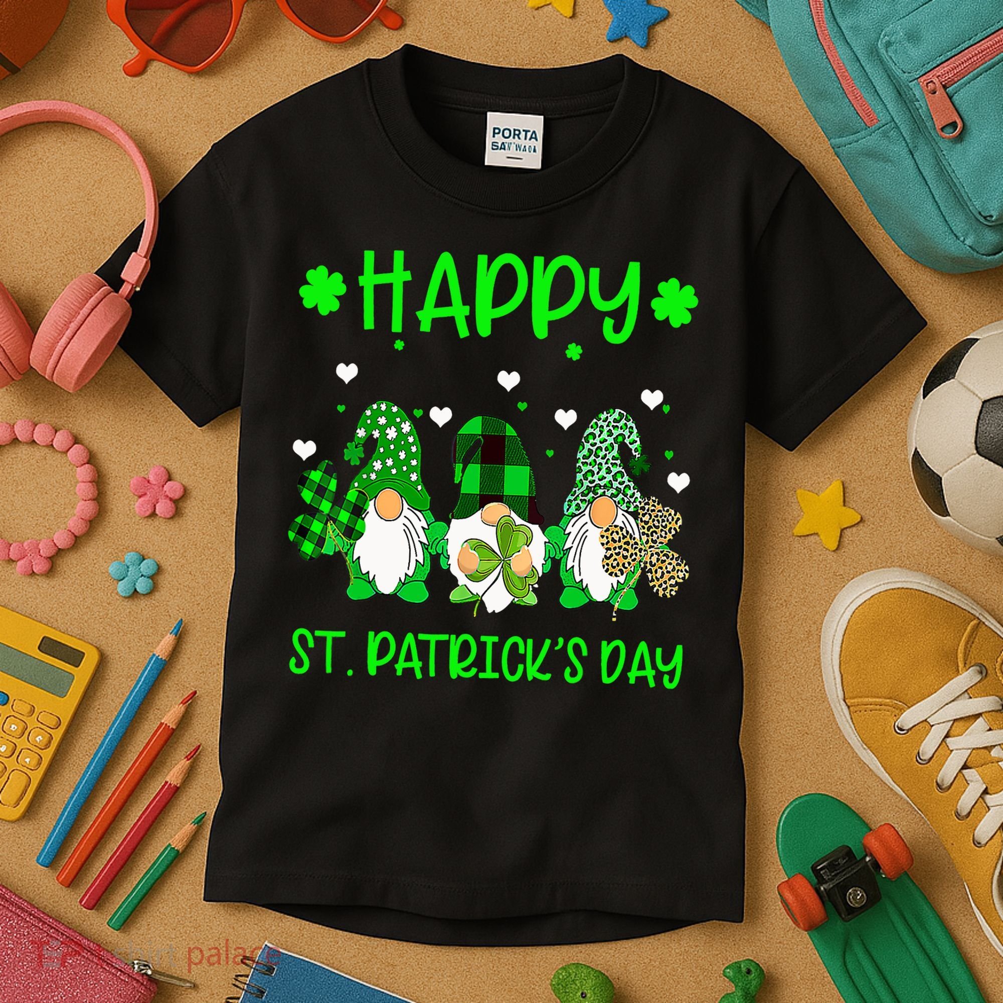 Three Gnomes Holding Shamrock Leopard Plaid St Patrick's Day Kids T-Shirt