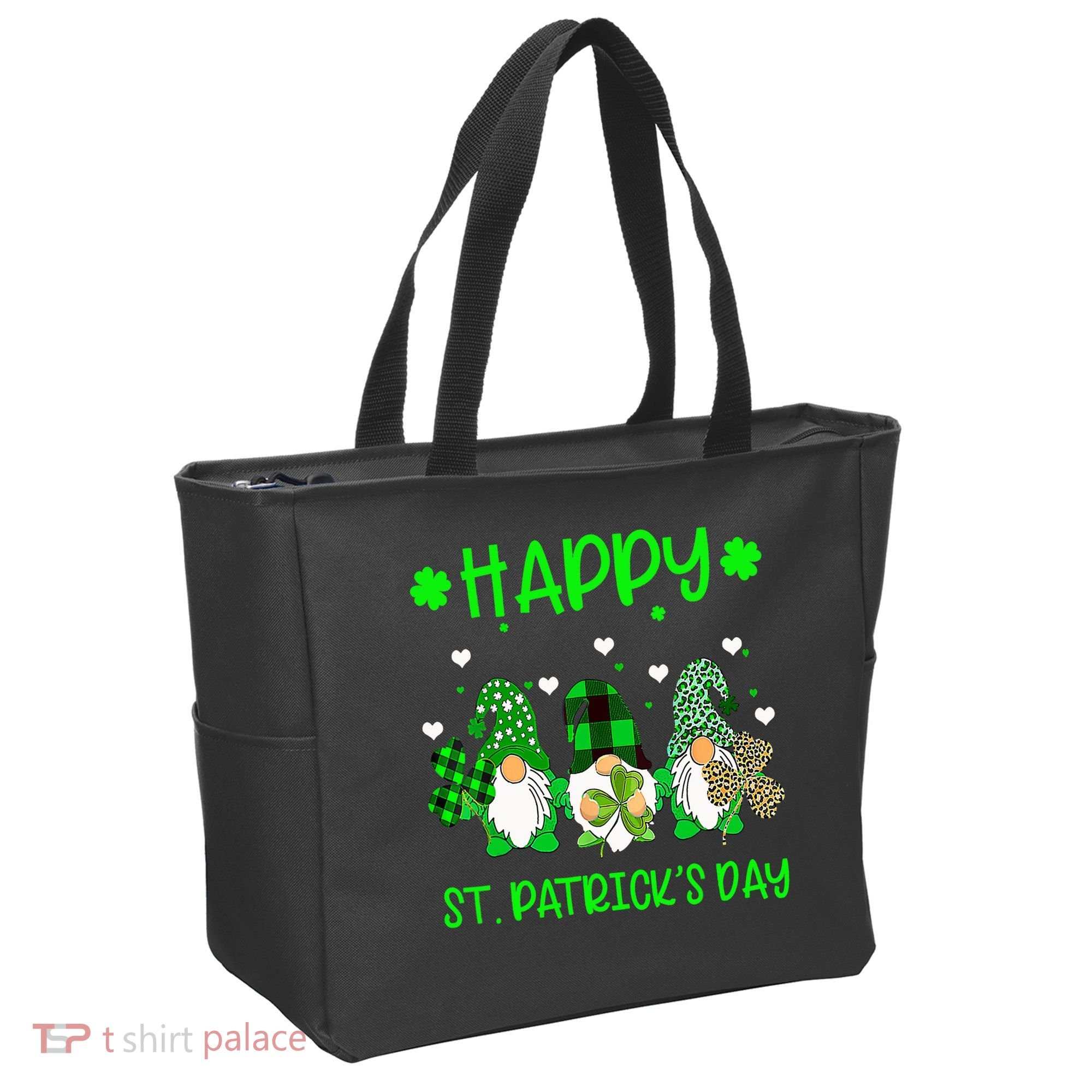 Three Gnomes Holding Shamrock Leopard Plaid St Patrick's Day Tote Bag