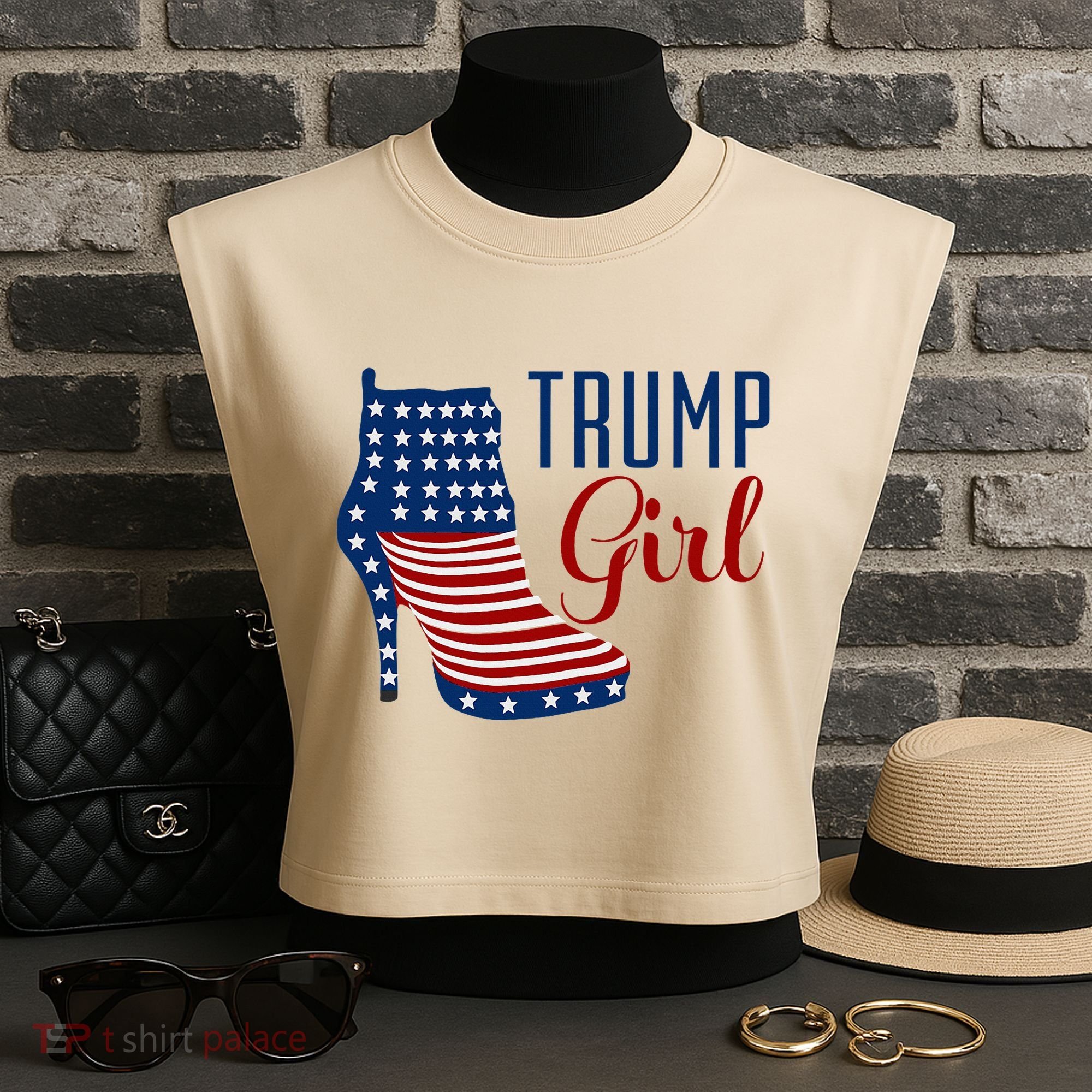 Trump Girl High Heel With Flag Garment-Dyed Women's Muscle Tee