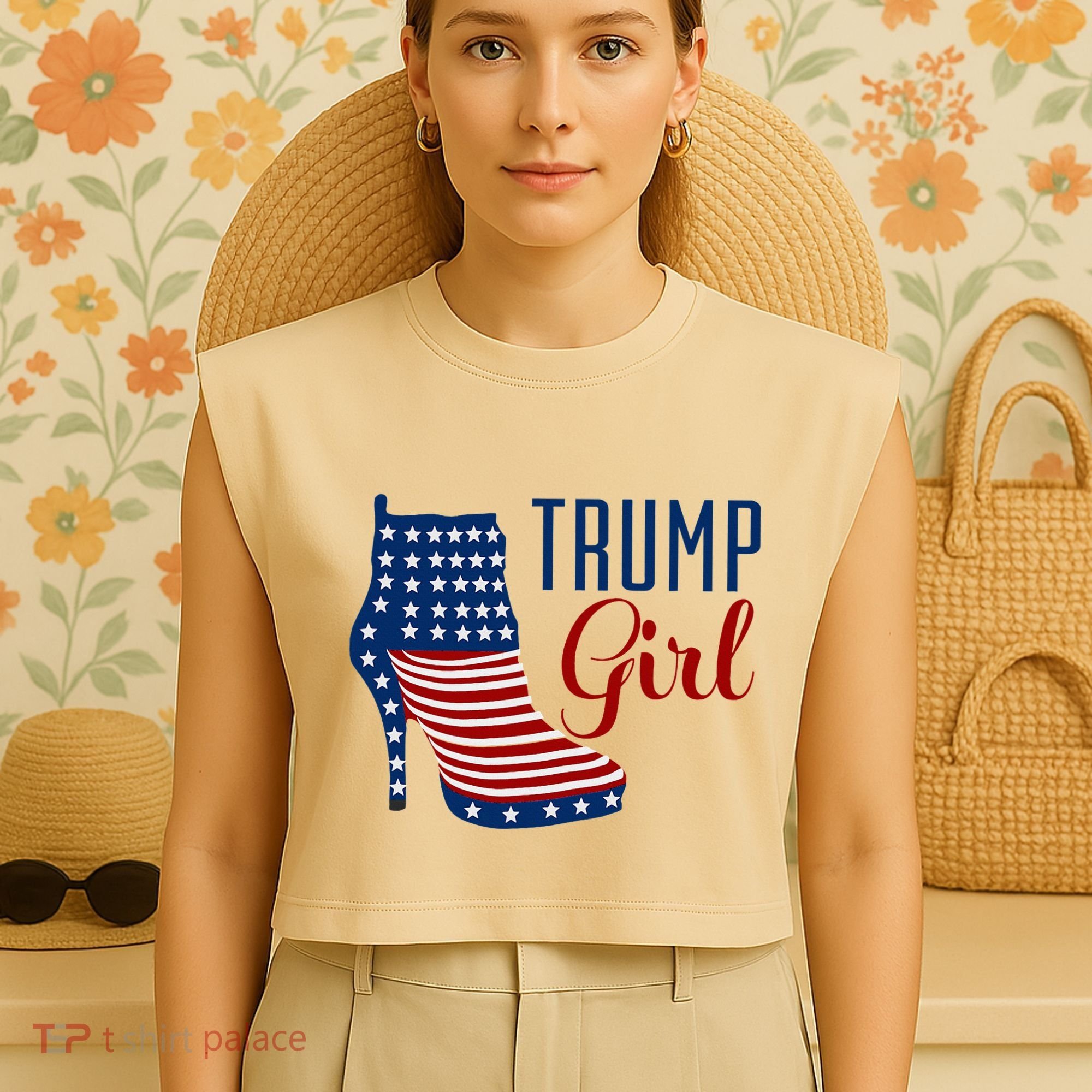Trump Girl High Heel With Flag Garment-Dyed Women's Muscle Tee