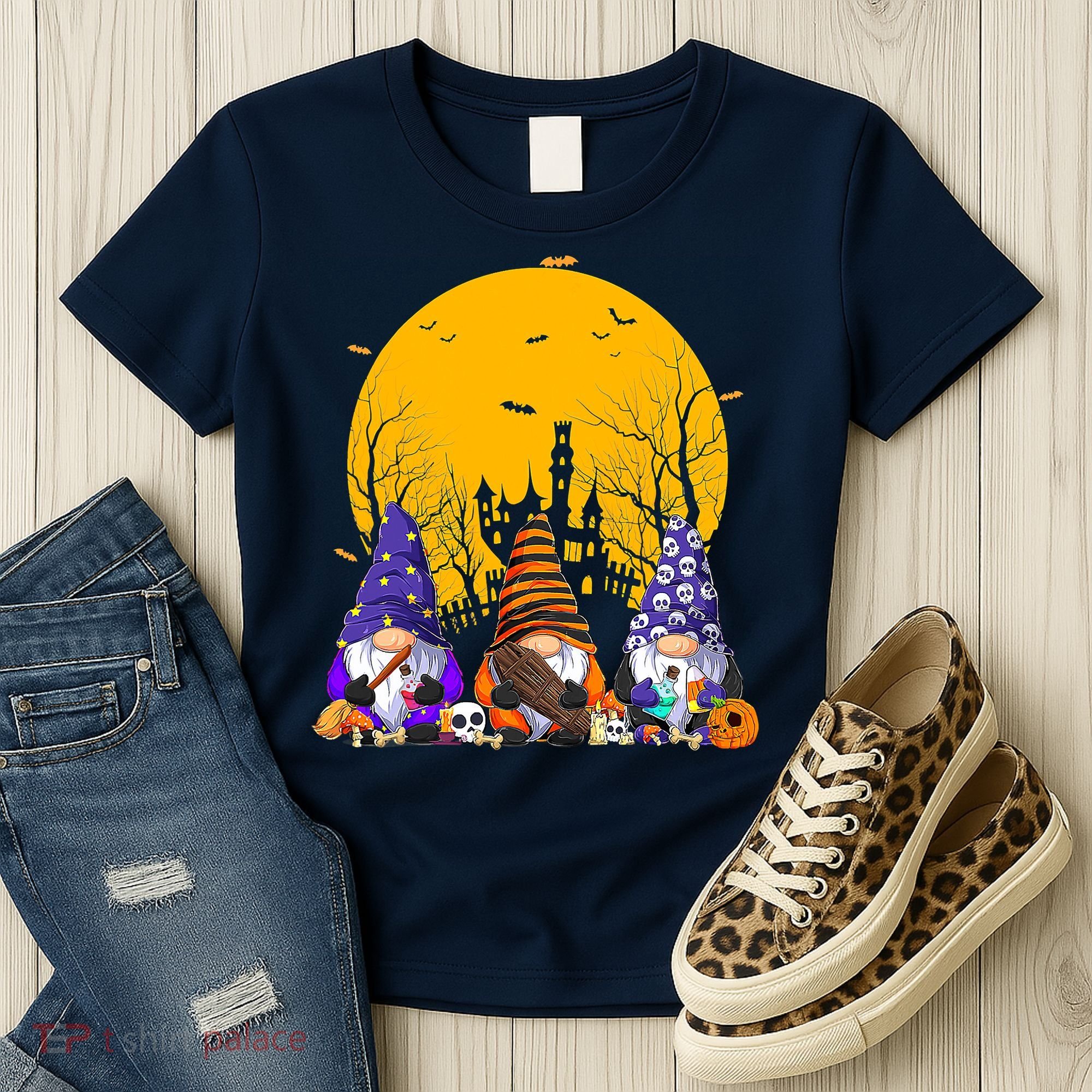 Three Gnomes Happy Halloween Fall Candy Corn Pumpkin Women's T-Shirt