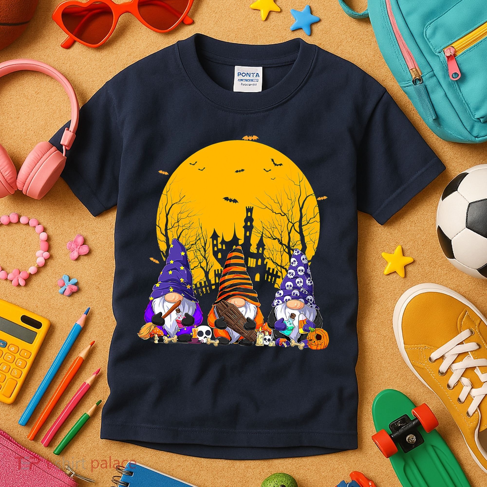 Three Gnomes Happy Halloween Fall Candy Corn Pumpkin Kids T-Shirt