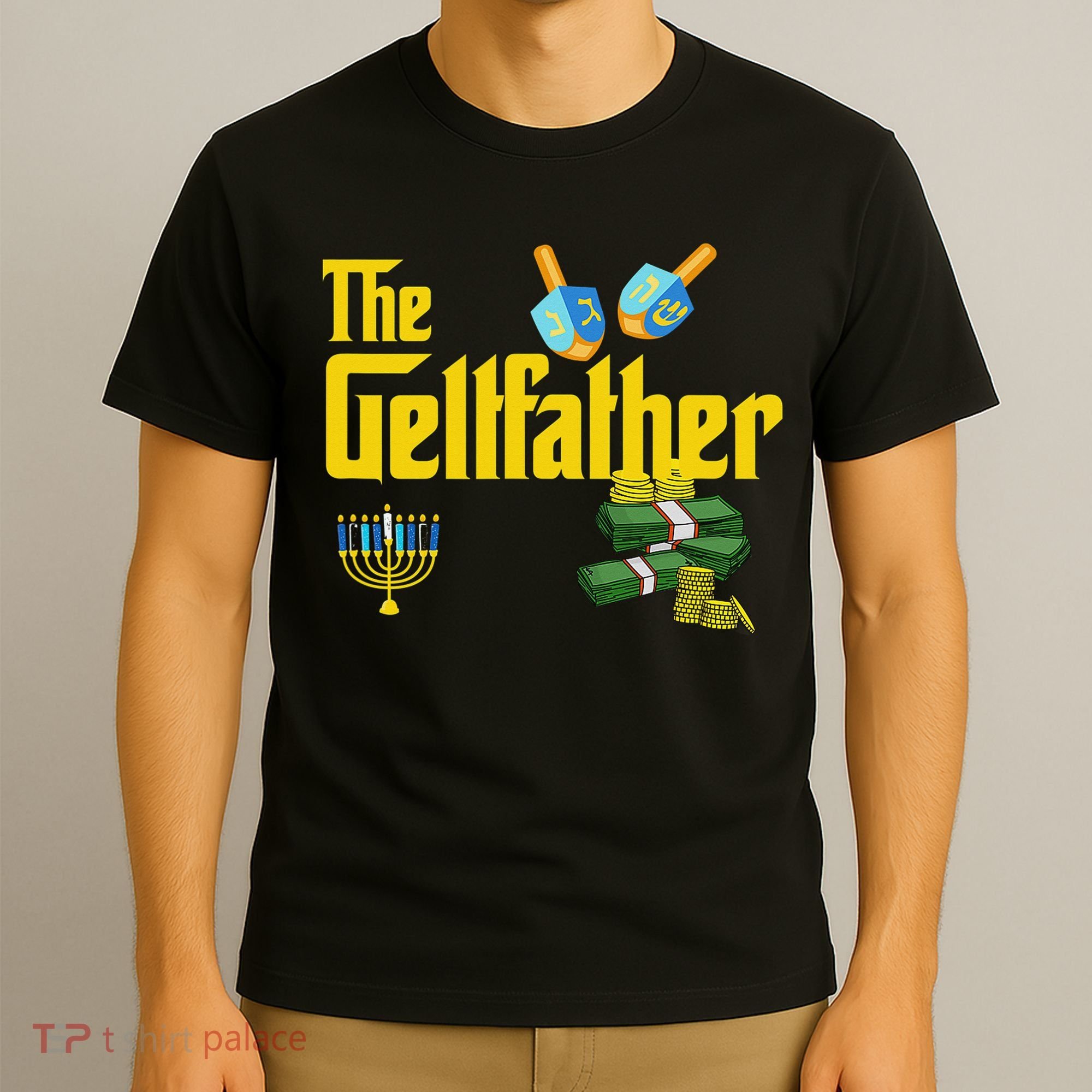  The Geltfather Hanukkah Gelt Dreidel Jewish Dad Menorah  T-Shirt
