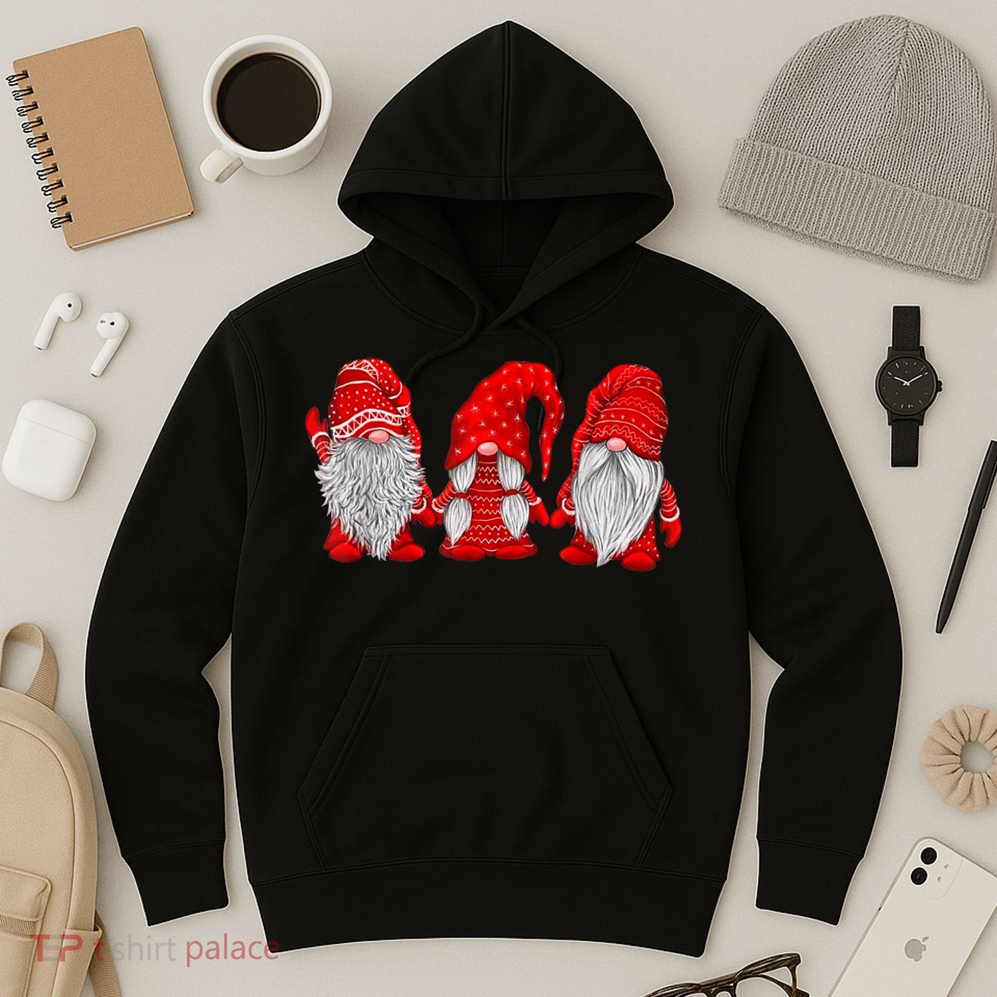 Three Gnomes In Red Costume Christmas Hanging With Gnomes TShirt Hoodie