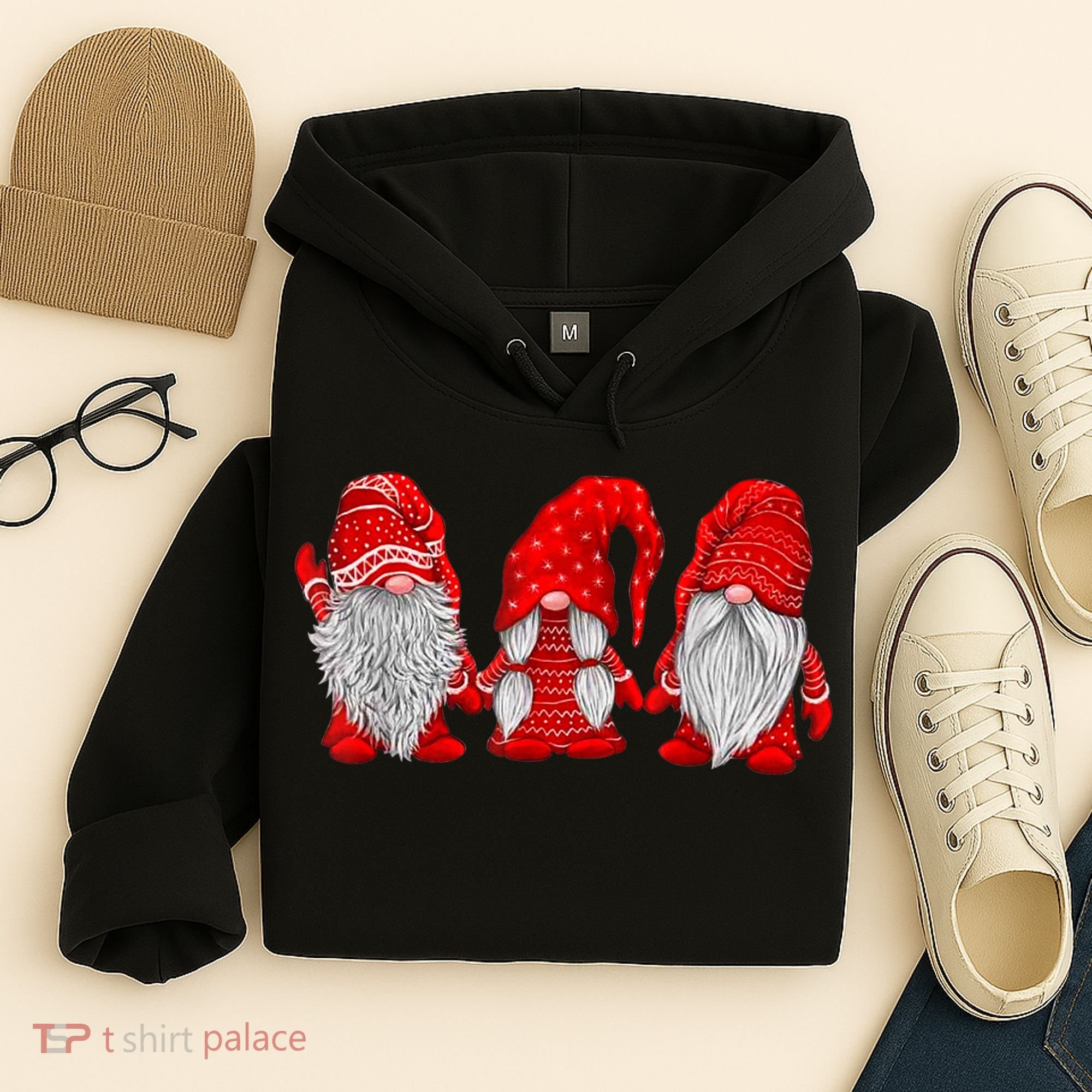Three Gnomes In Red Costume Christmas Hanging With Gnomes TShirt Hoodie