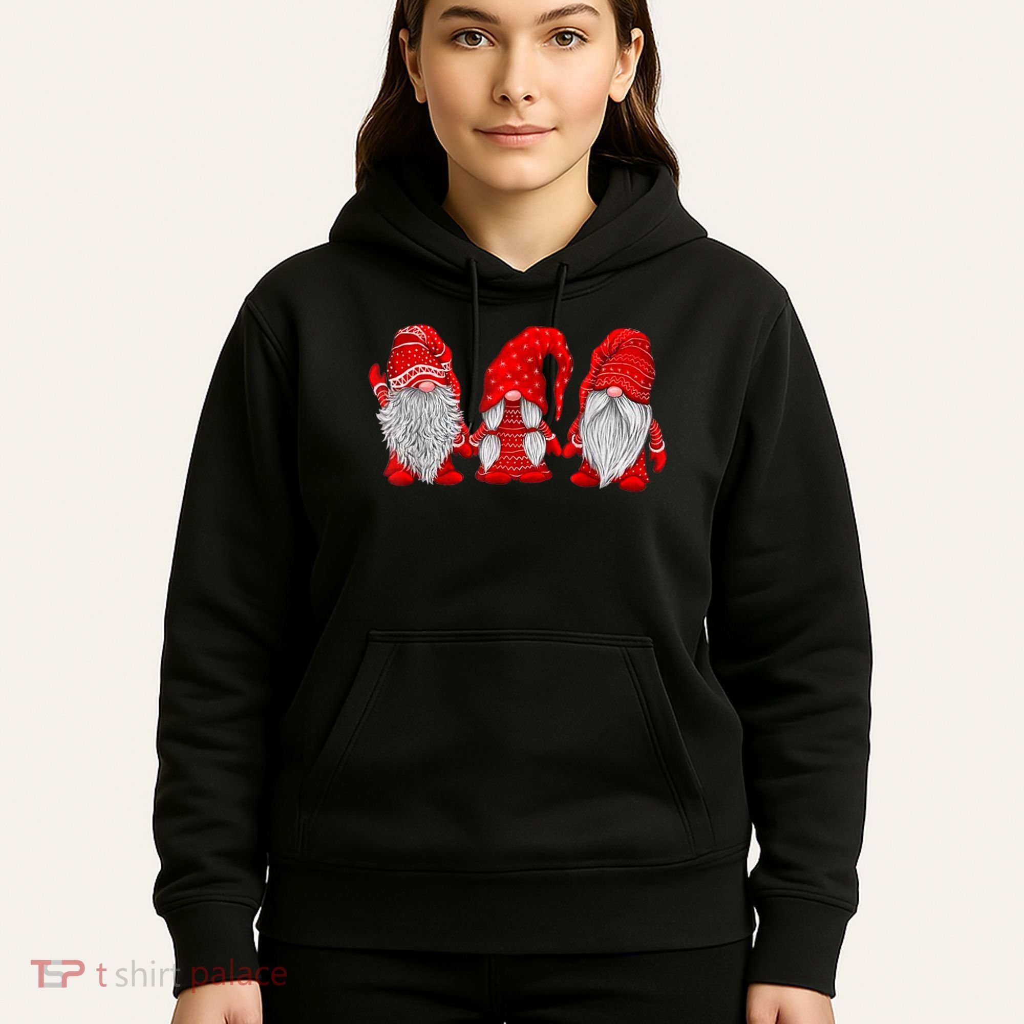Three Gnomes In Red Costume Christmas Hanging With Gnomes TShirt Hoodie