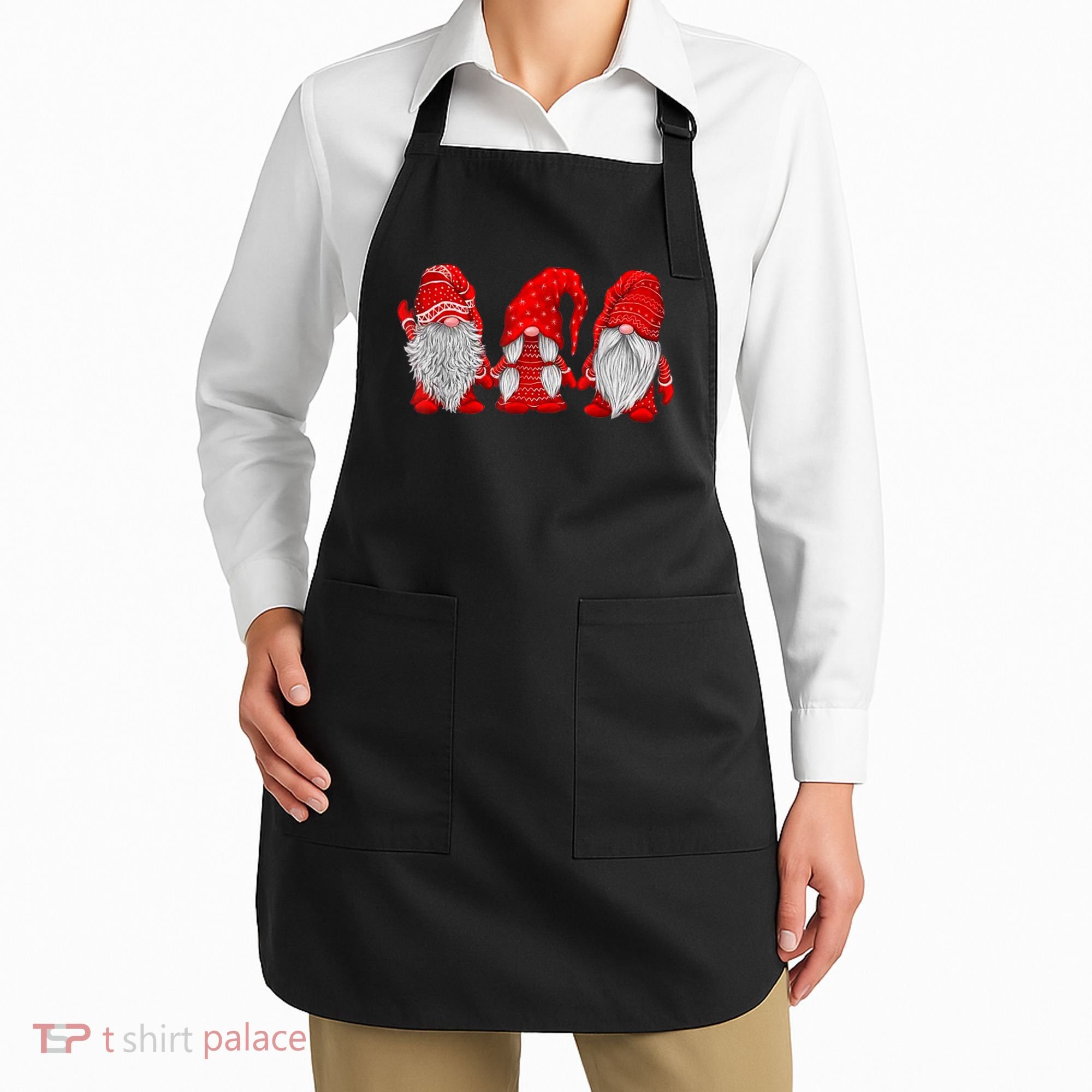 Three Gnomes In Red Costume Christmas Hanging With Gnomes TShirt Apron