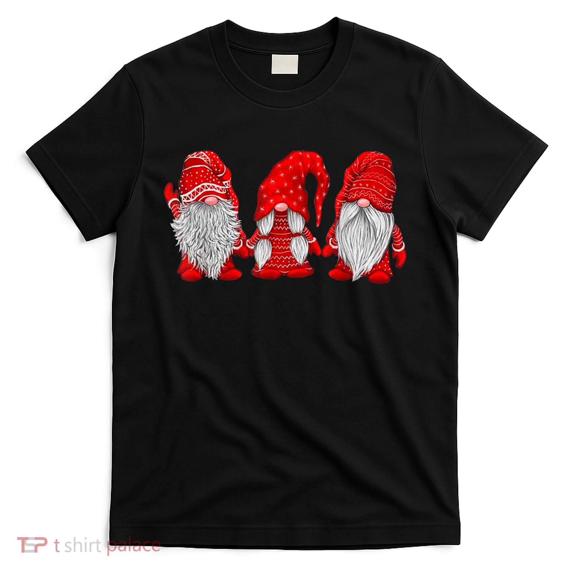 Three Gnomes In Red Costume Christmas Hanging With Gnomes TShirt T-Shirt