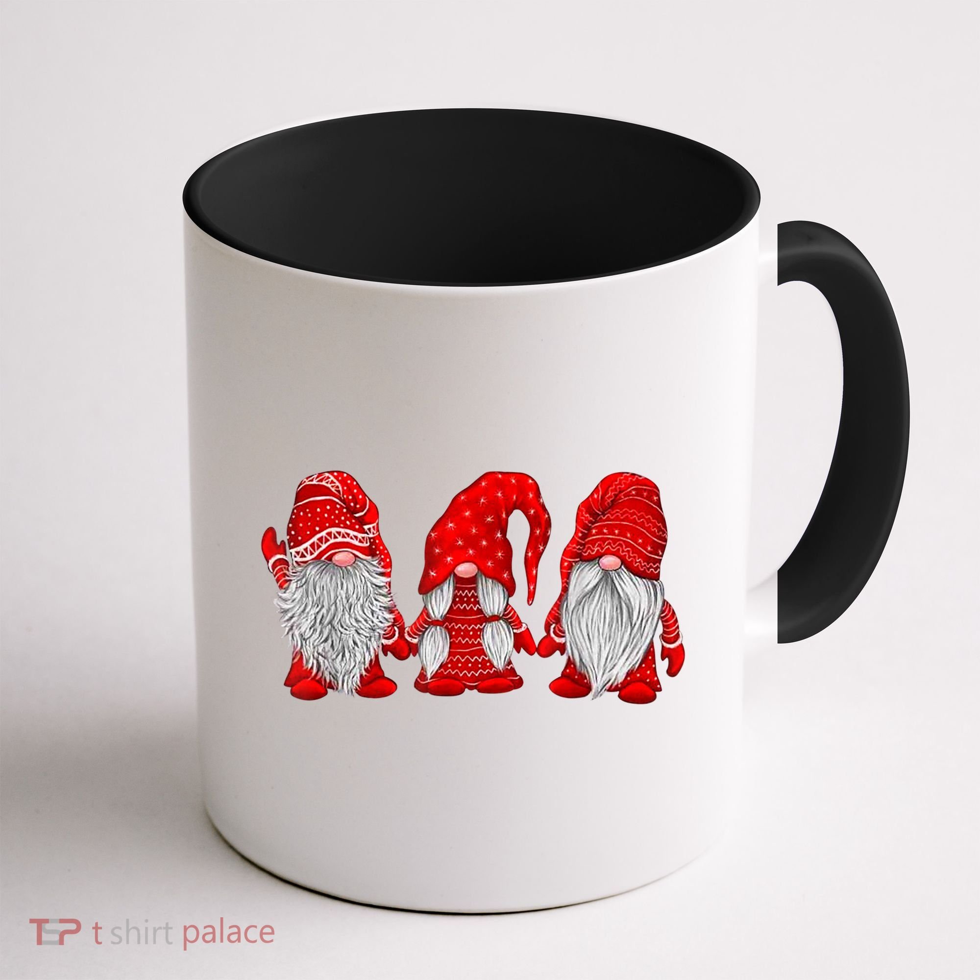 Three Gnomes In Red Costume Christmas Hanging With Gnomes TShirt Coffee Mug