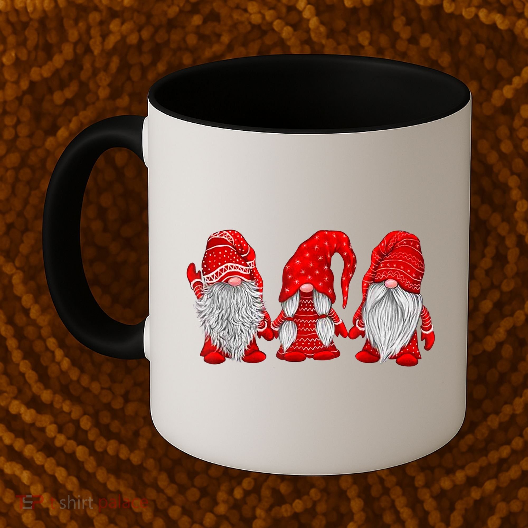 Three Gnomes In Red Costume Christmas Hanging With Gnomes TShirt Coffee Mug