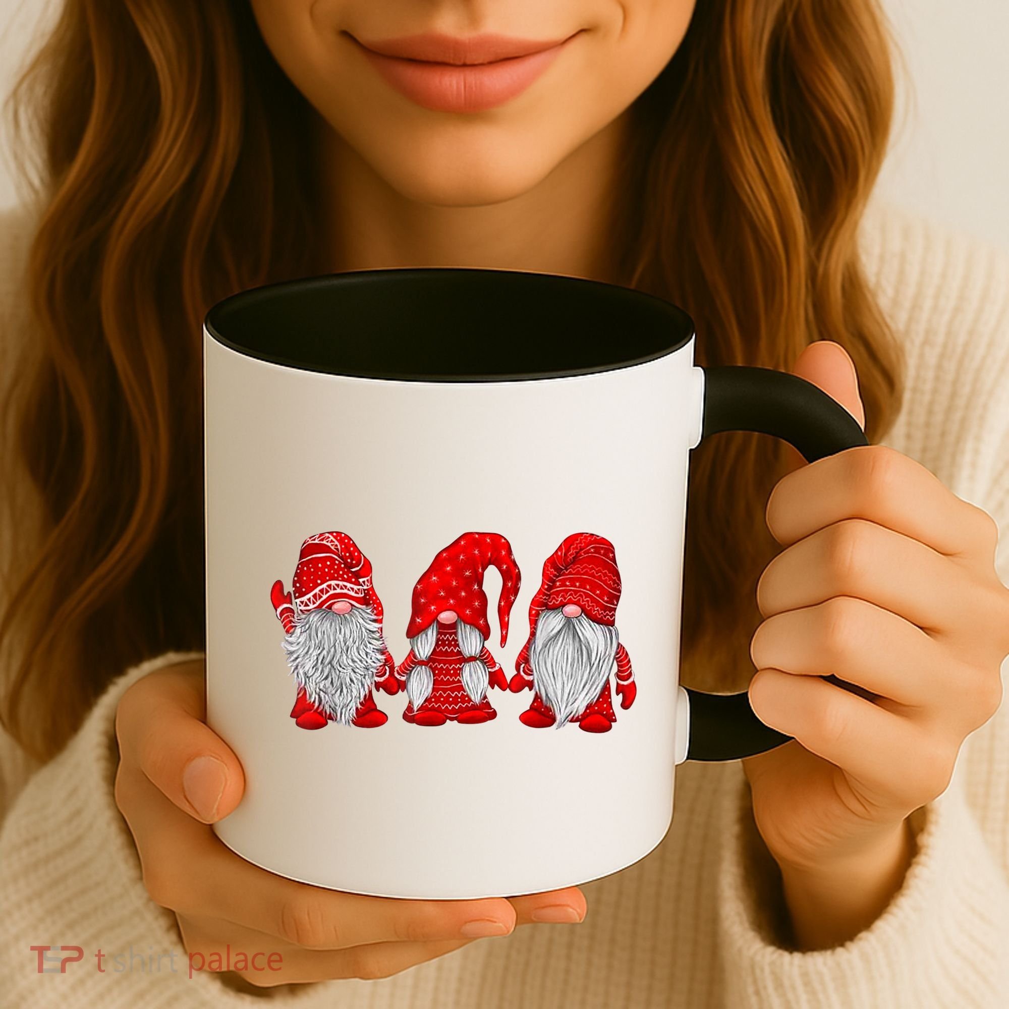 Three Gnomes In Red Costume Christmas Hanging With Gnomes TShirt Coffee Mug