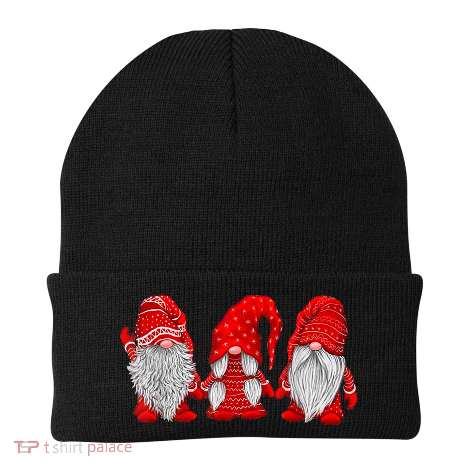 Three Gnomes In Red Costume Christmas Hanging With Gnomes TShirt Beanie