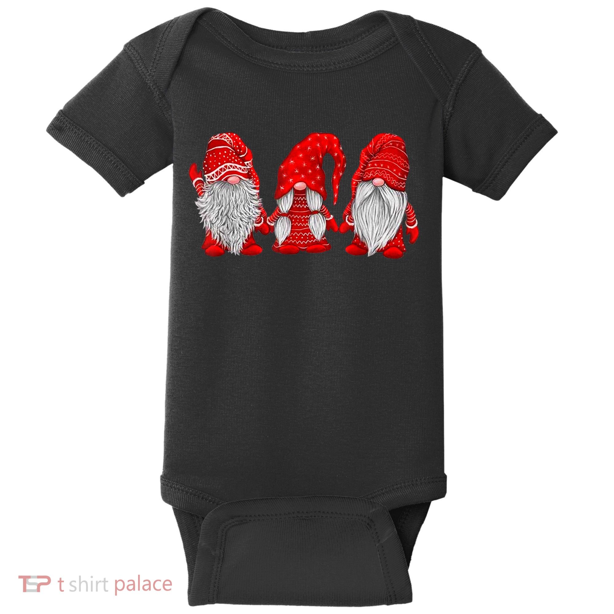 Three Gnomes In Red Costume Christmas Hanging With Gnomes TShirt Baby Bodysuit