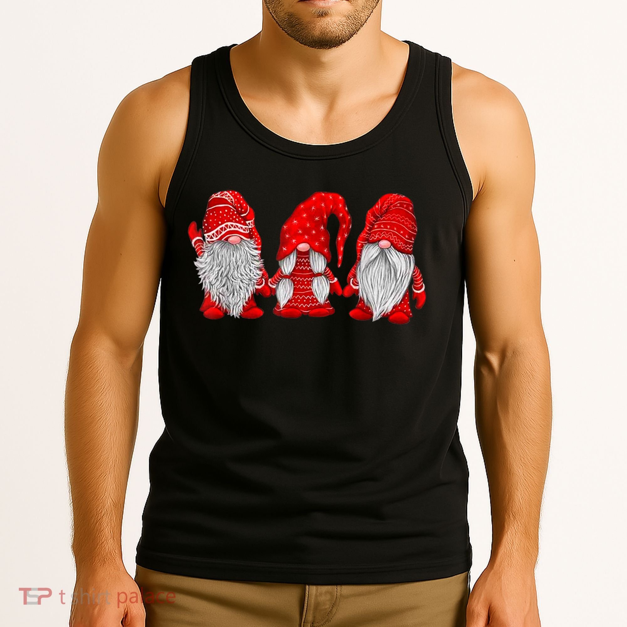 Three Gnomes In Red Costume Christmas Hanging With Gnomes TShirt Tank Top