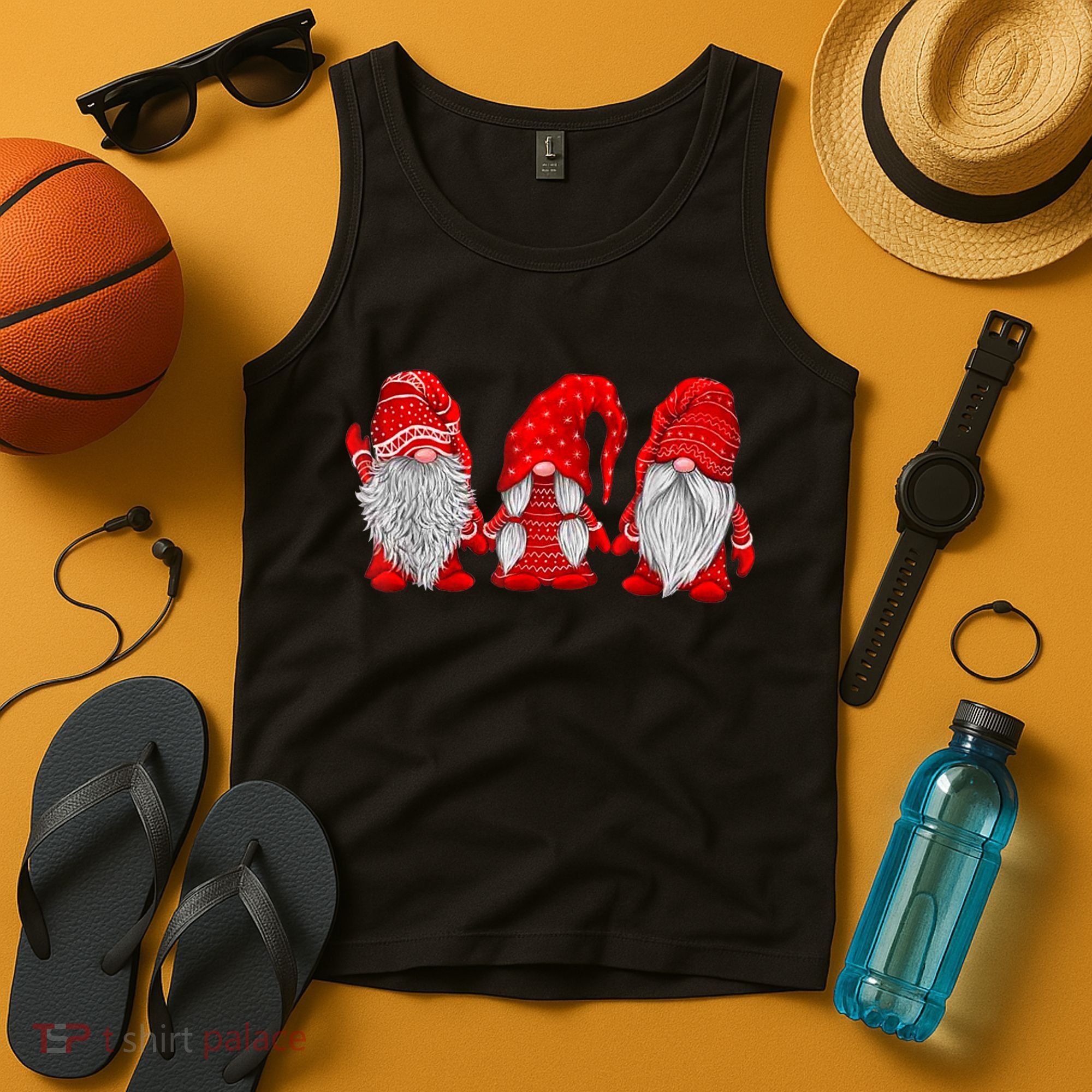 Three Gnomes In Red Costume Christmas Hanging With Gnomes TShirt Tank Top