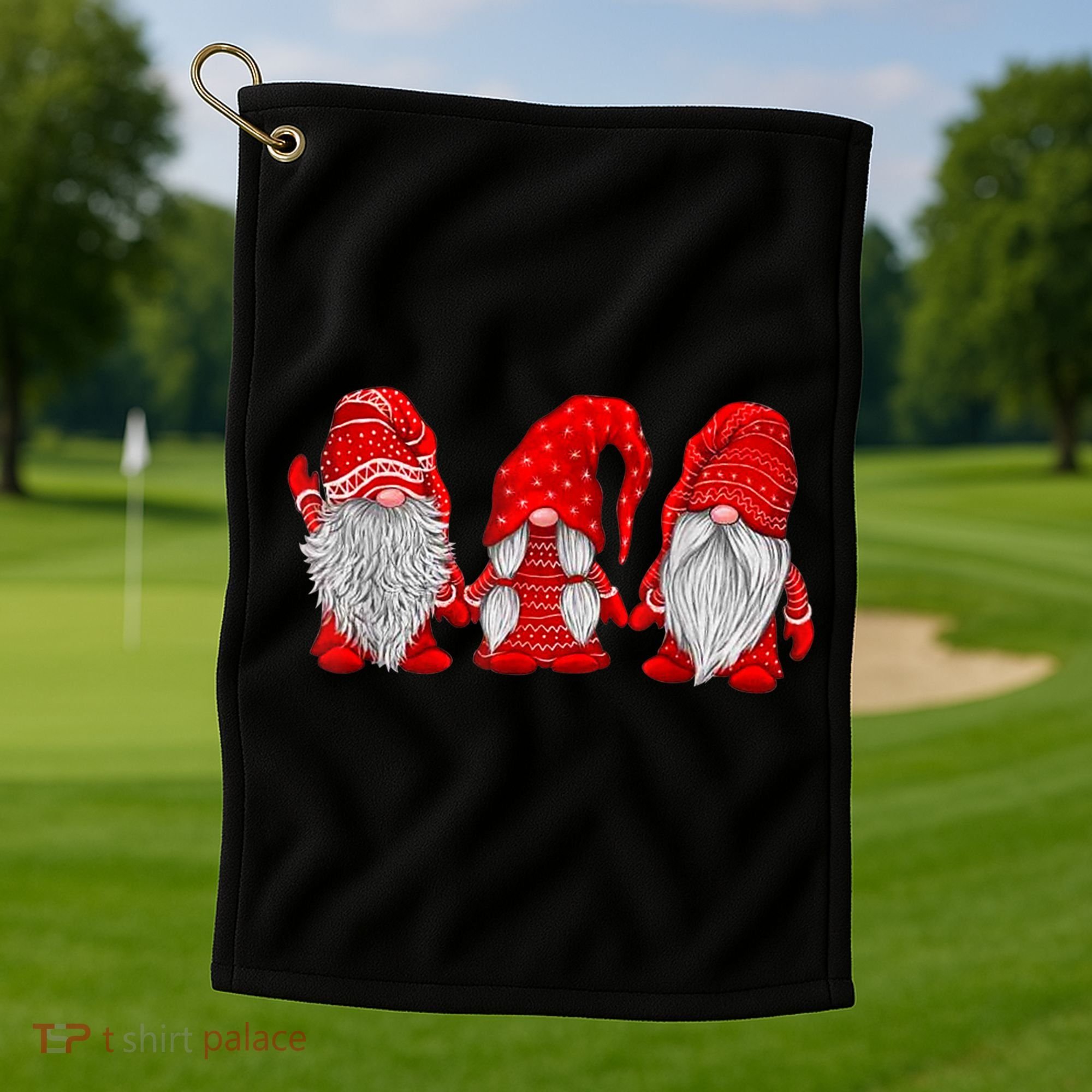 Three Gnomes In Red Costume Christmas Hanging With Gnomes TShirt Golf Towel