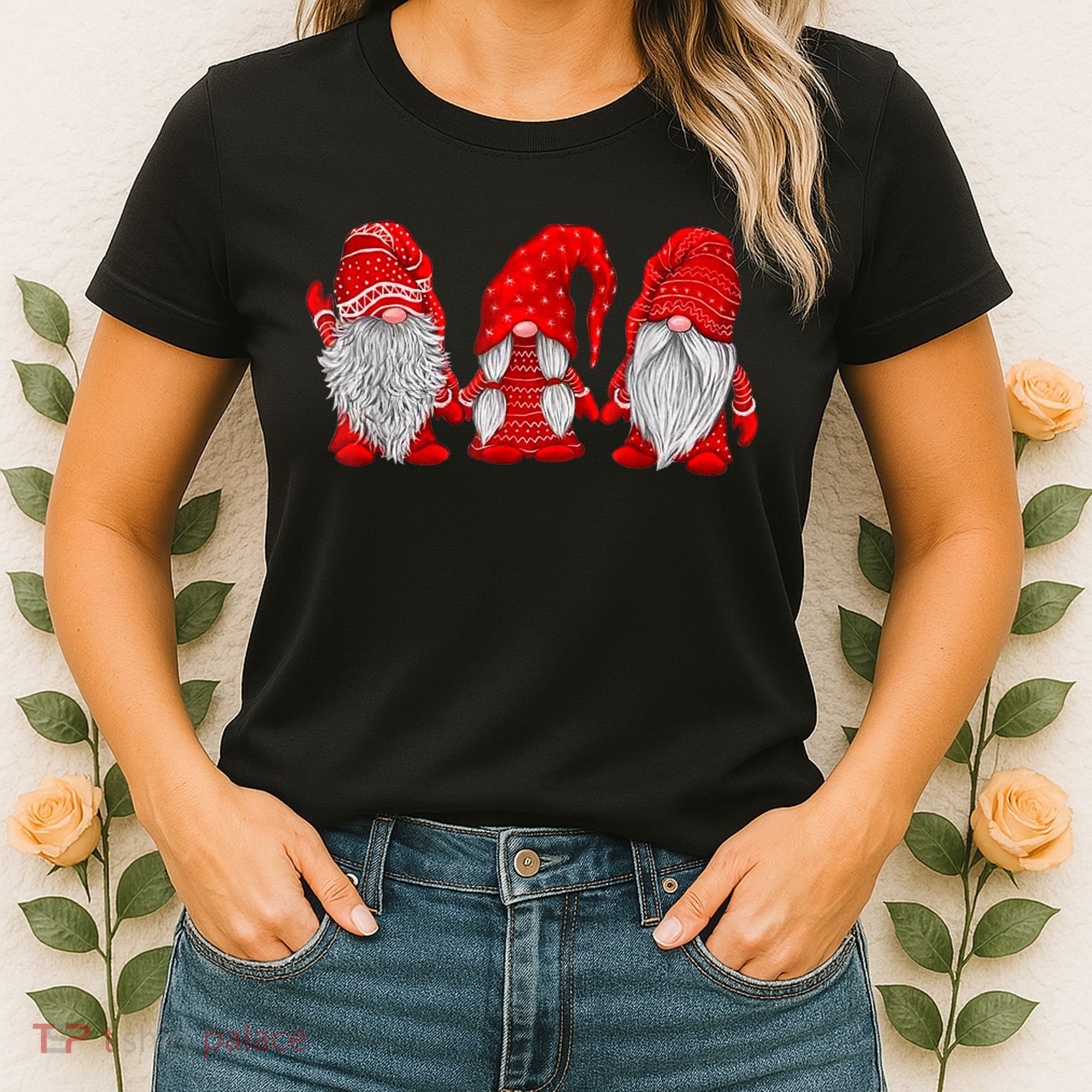 Three Gnomes In Red Costume Christmas Hanging With Gnomes TShirt Women's T-Shirt