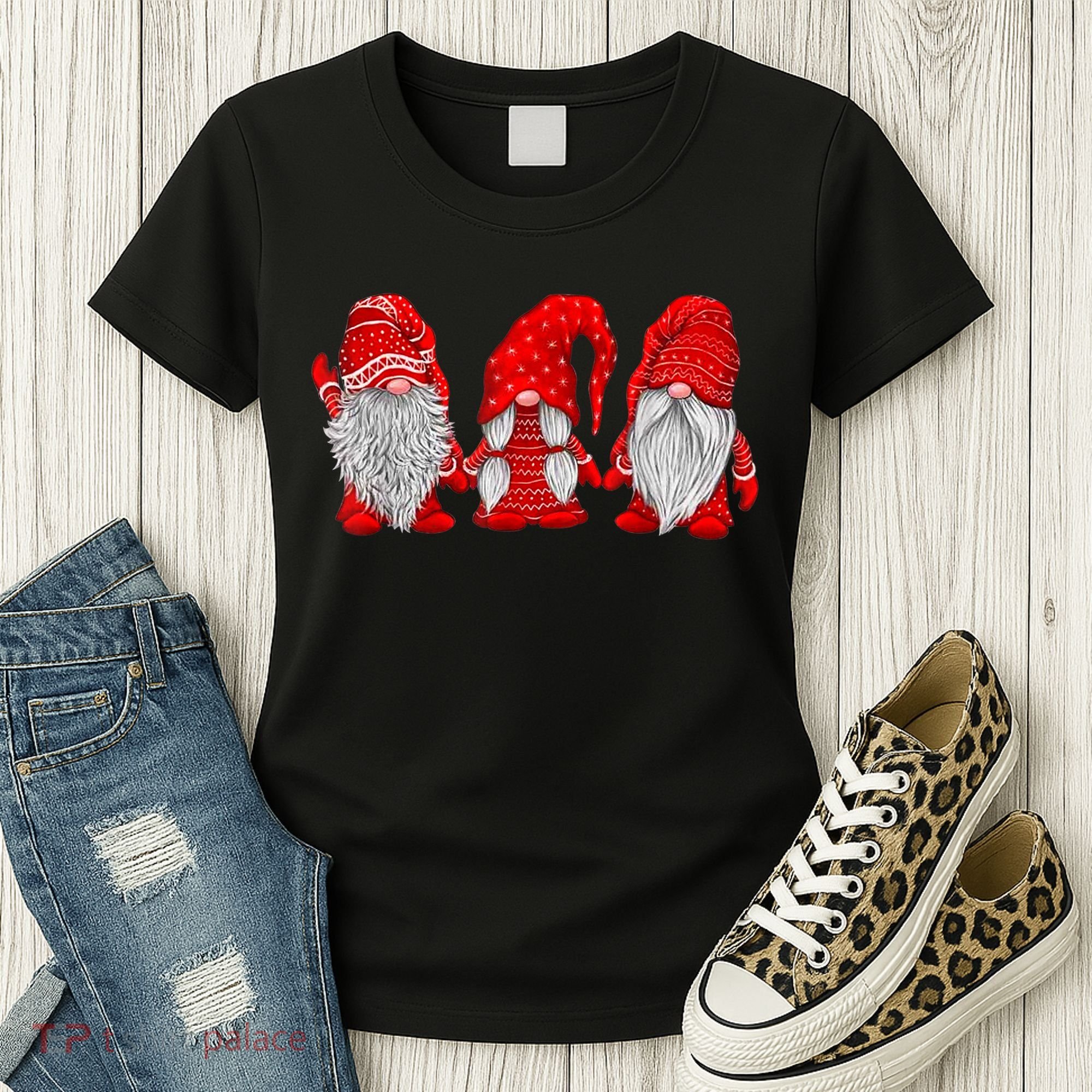 Three Gnomes In Red Costume Christmas Hanging With Gnomes TShirt Women's T-Shirt