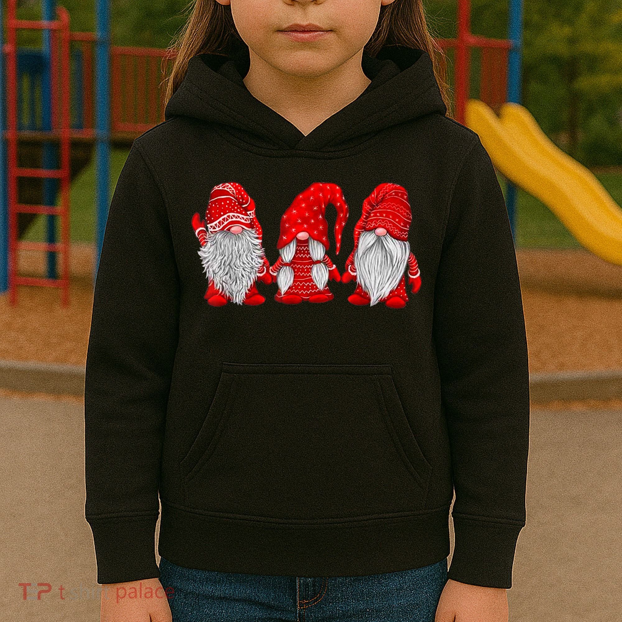 Three Gnomes In Red Costume Christmas Hanging With Gnomes TShirt Kids Hoodie