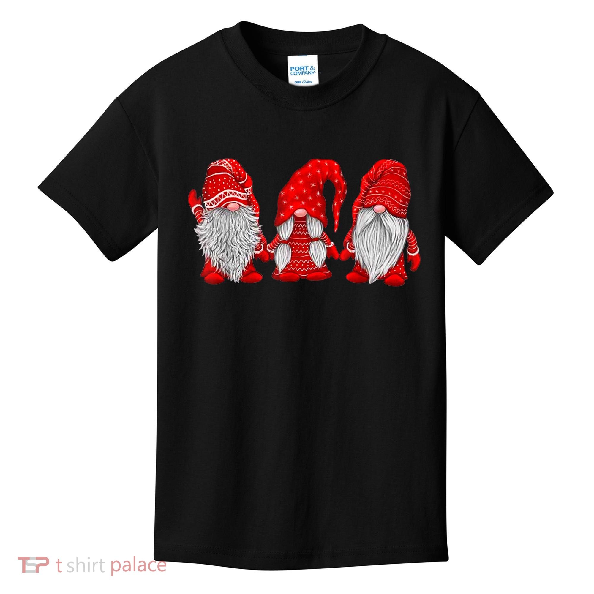 Three Gnomes In Red Costume Christmas Hanging With Gnomes TShirt Kids T-Shirt