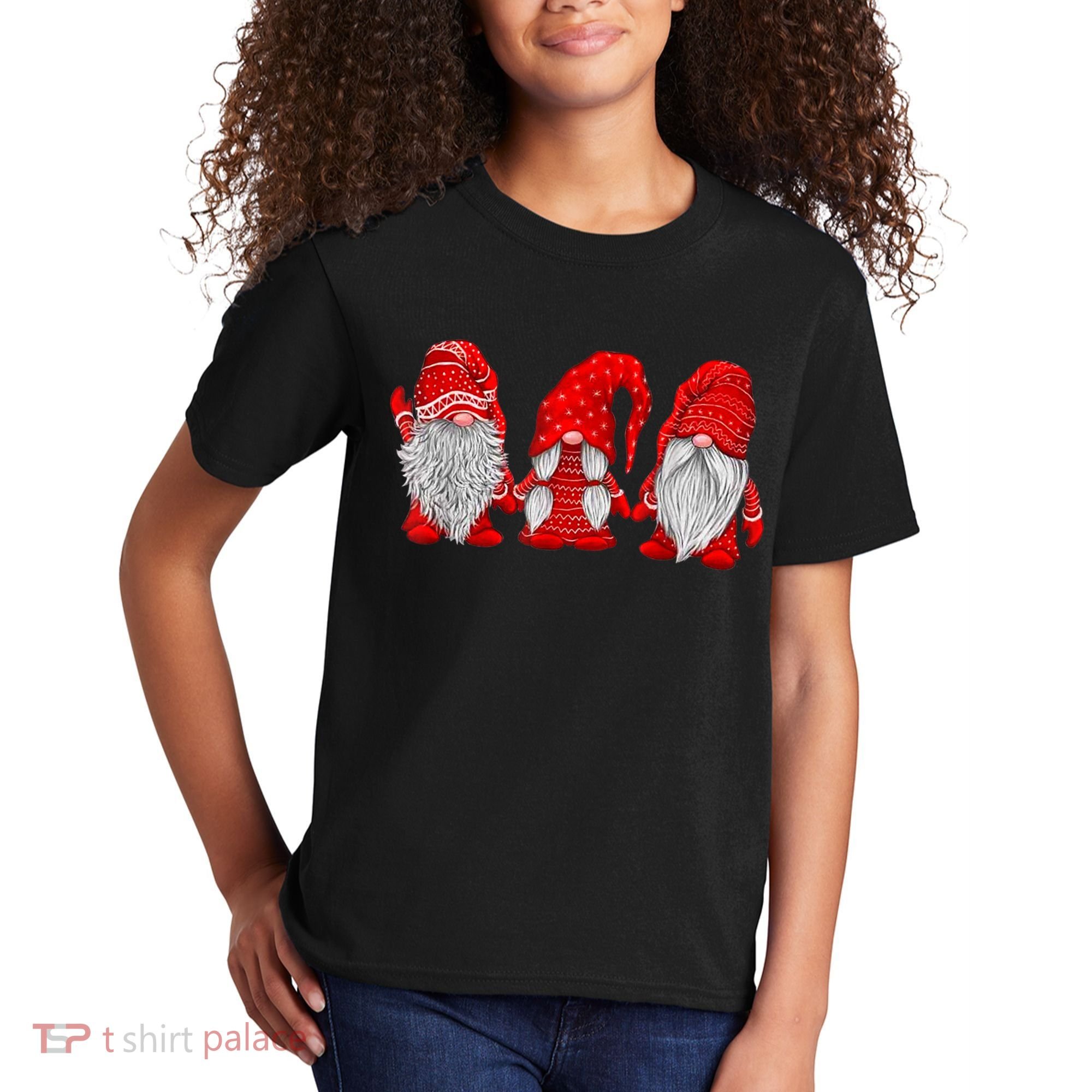 Three Gnomes In Red Costume Christmas Hanging With Gnomes TShirt Kids T-Shirt