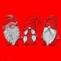 Three Gnomes In Red Costume Christmas Hanging With Gnomes TShirt Santa Hat thumb 1